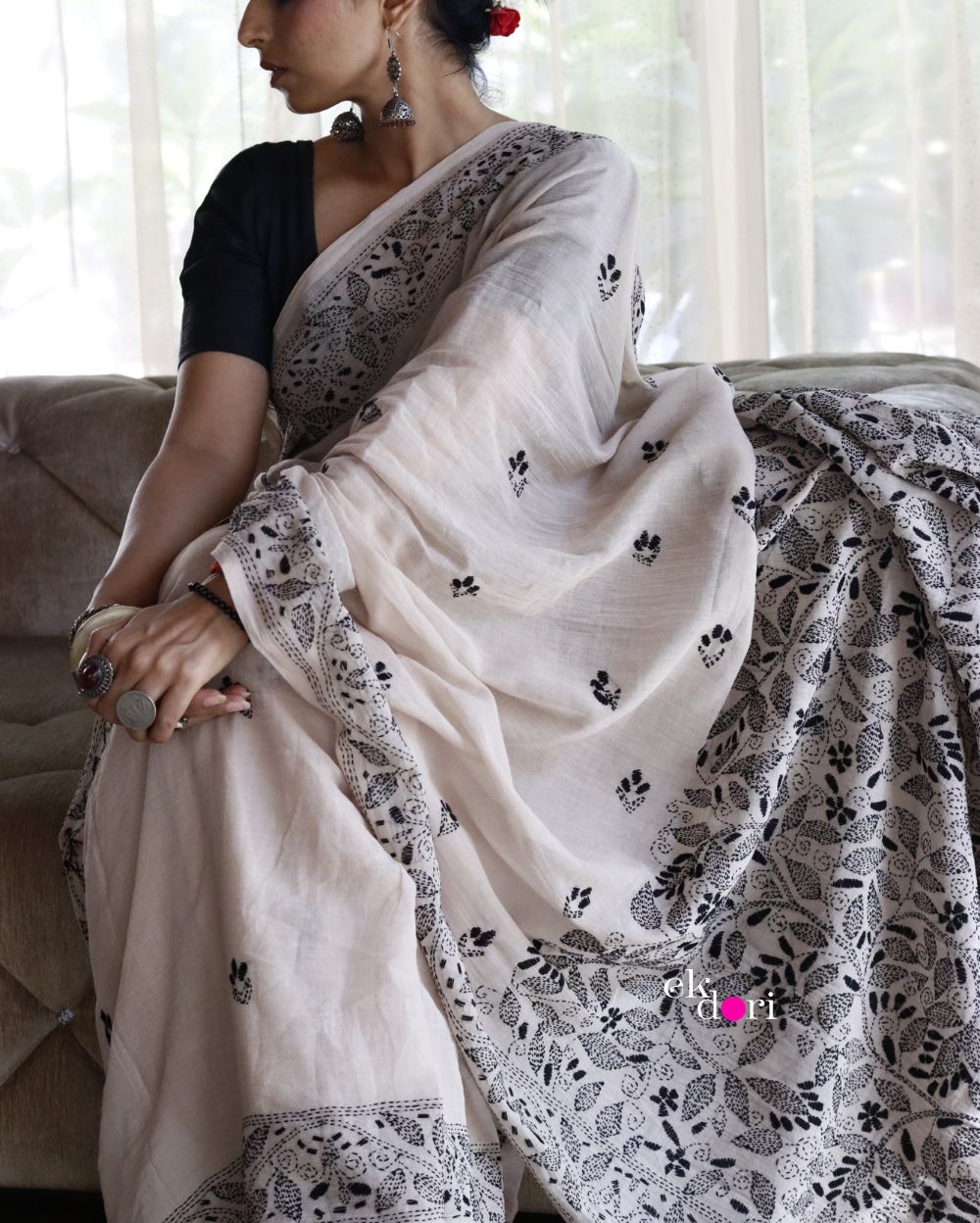 Buy Kantha Stitch Cotton Saree : Beige Beauty Kantha Mul Cotton Saree