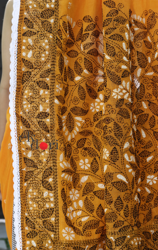 Mul Cotton Kantha Designer Saree Online : 'Aam Ras' Summer Cotton Kantha Embroidered Saree