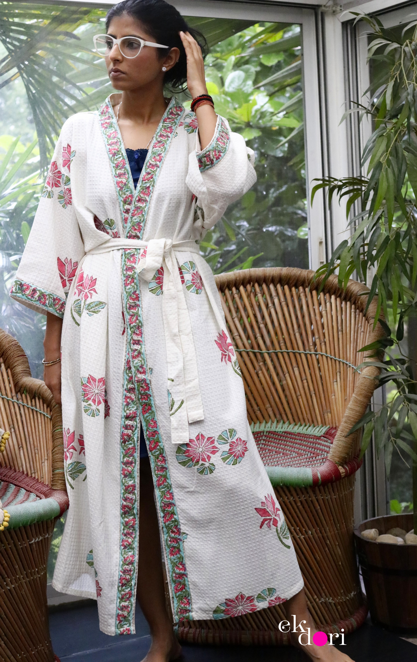 Lotus Sutra Waffle Block Printed Bath Robe