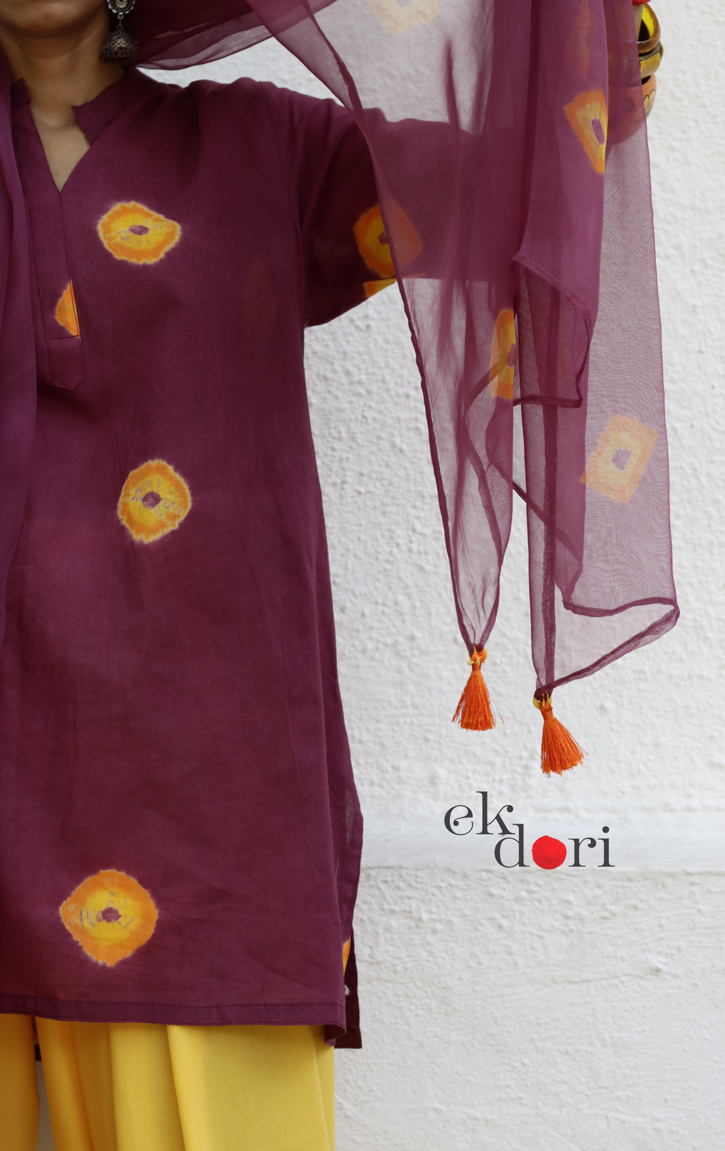 Bandhani Cotton Kurta Salwar Co-ord Set in Maroon Yellow | 'Gulabo Sitabo' | Ek Dori