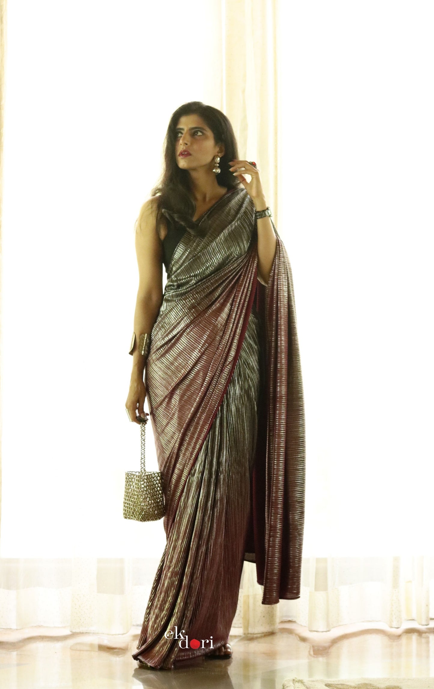 'A Night To Remember' Metallic Micro Pleated Designer Saree : Metallic Cocktail Saree