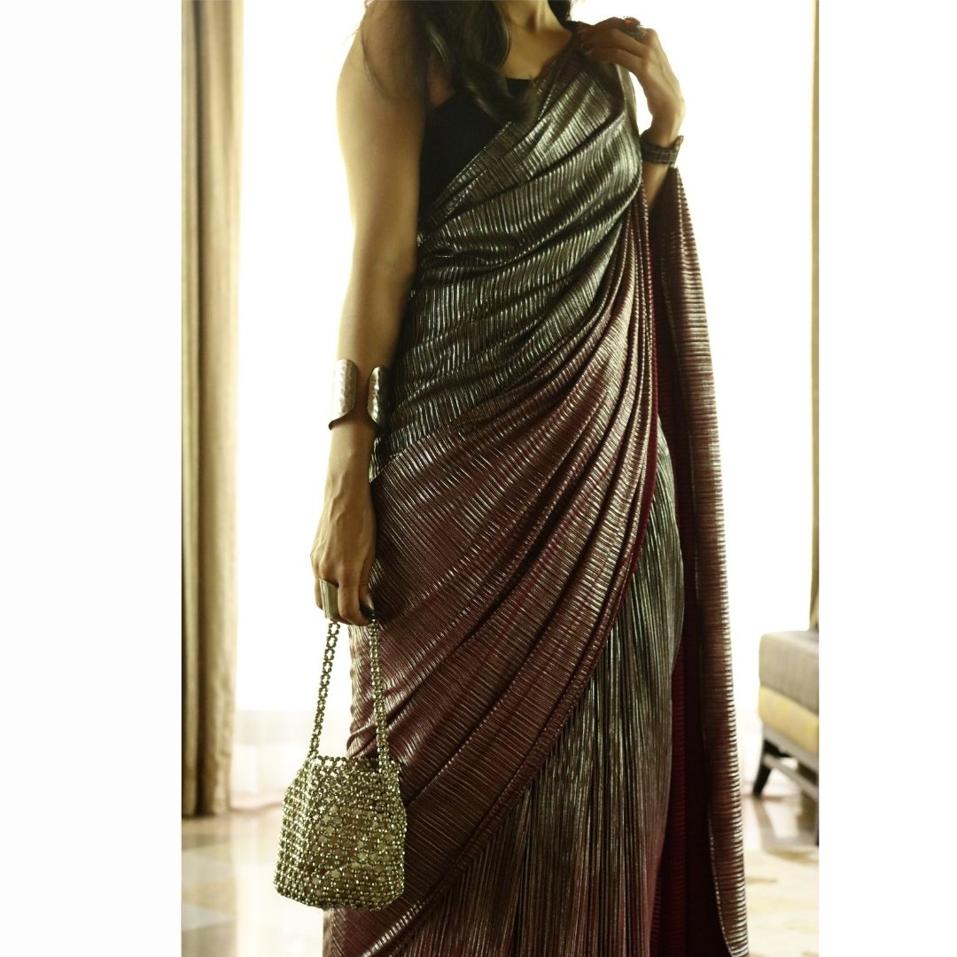 'A Night To Remember' Metallic Micro Pleated Designer Saree : Metallic Cocktail Saree