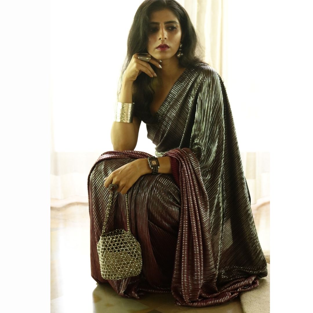 'A Night To Remember' Metallic Micro Pleated Designer Saree : Metallic Cocktail Saree