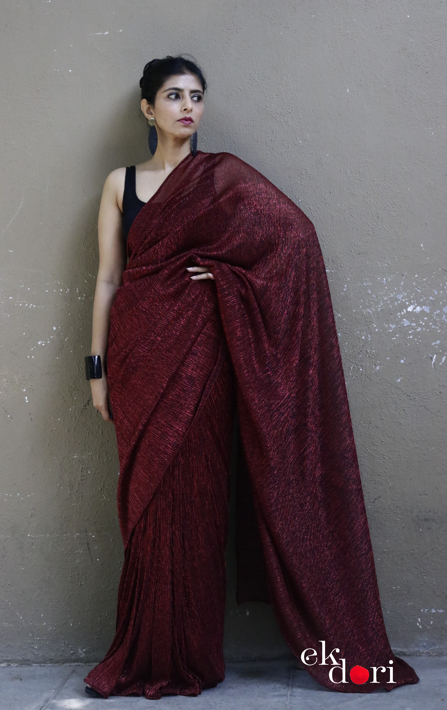 Red Maroon Evening Cocktail Saree 'Glowing Embers' : Micro Pleated Designer Red Saree : Metallic Red Cocktail Saree