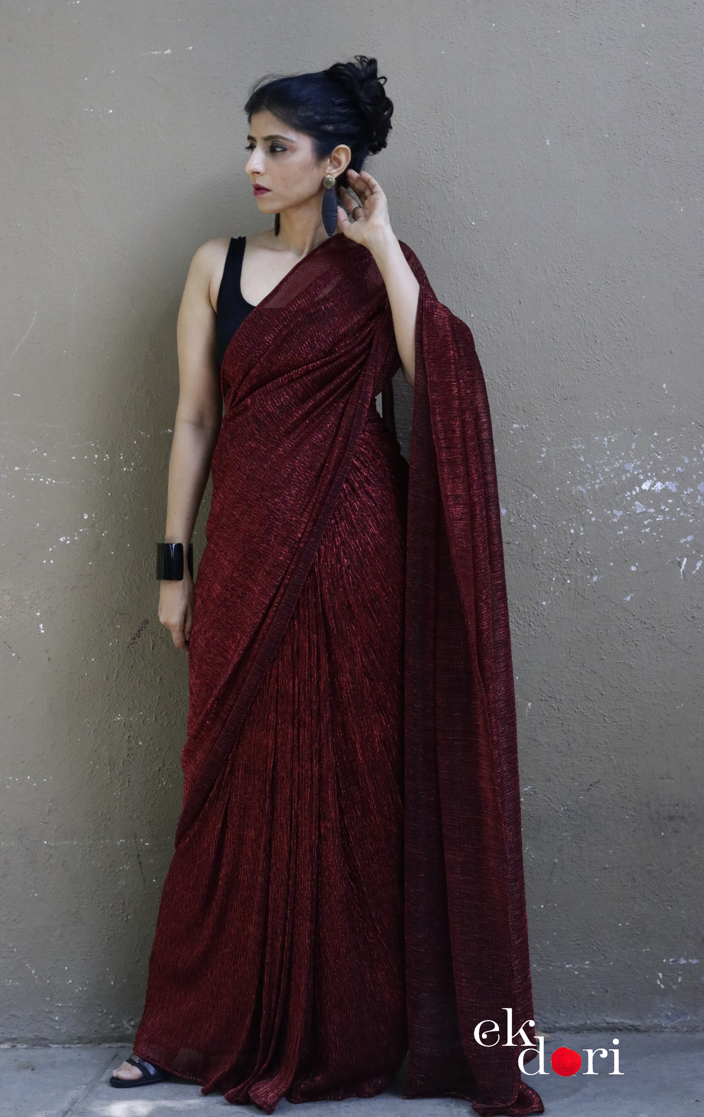 Red Maroon Evening Cocktail Saree 'Glowing Embers' : Micro Pleated Designer Red Saree : Metallic Red Cocktail Saree