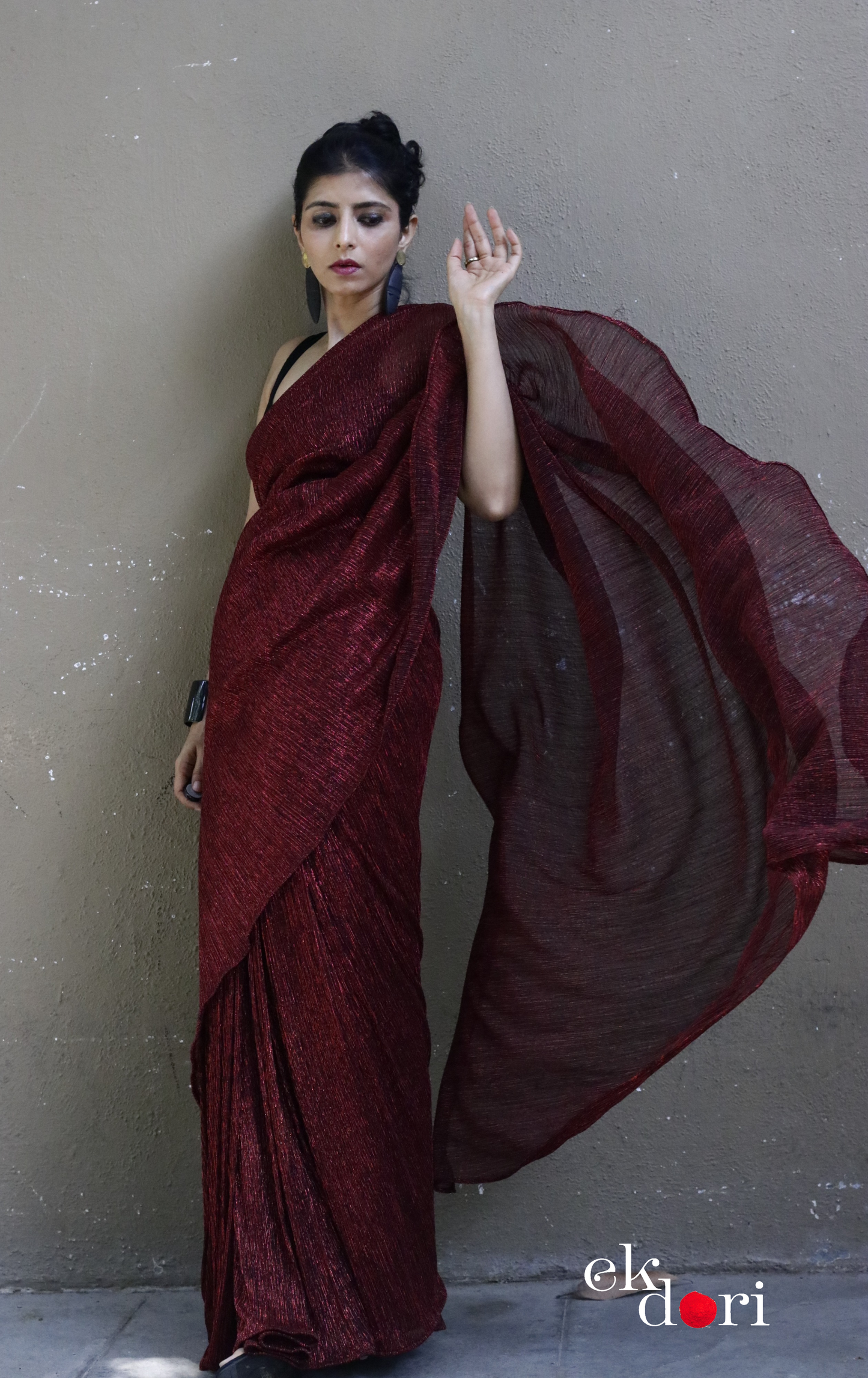 Red Maroon Evening Cocktail Saree 'Glowing Embers' : Micro Pleated Designer Red Saree : Metallic Red Cocktail Saree