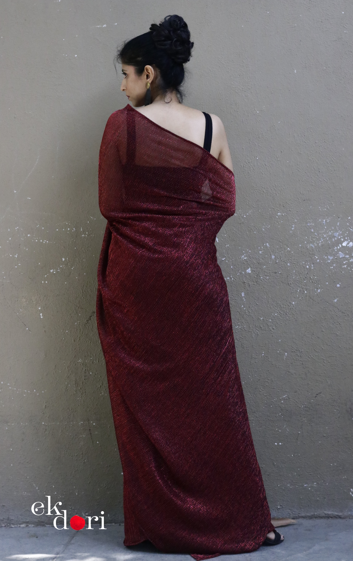 Red Maroon Evening Cocktail Saree 'Glowing Embers' : Micro Pleated Designer Red Saree : Metallic Red Cocktail Saree