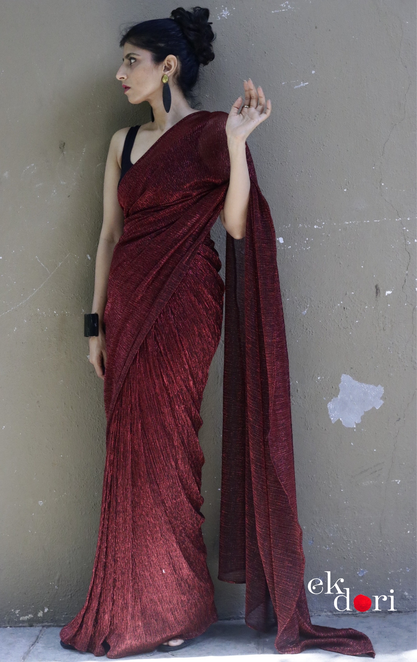 Red Maroon Evening Cocktail Saree 'Glowing Embers' : Micro Pleated Designer Red Saree : Metallic Red Cocktail Saree