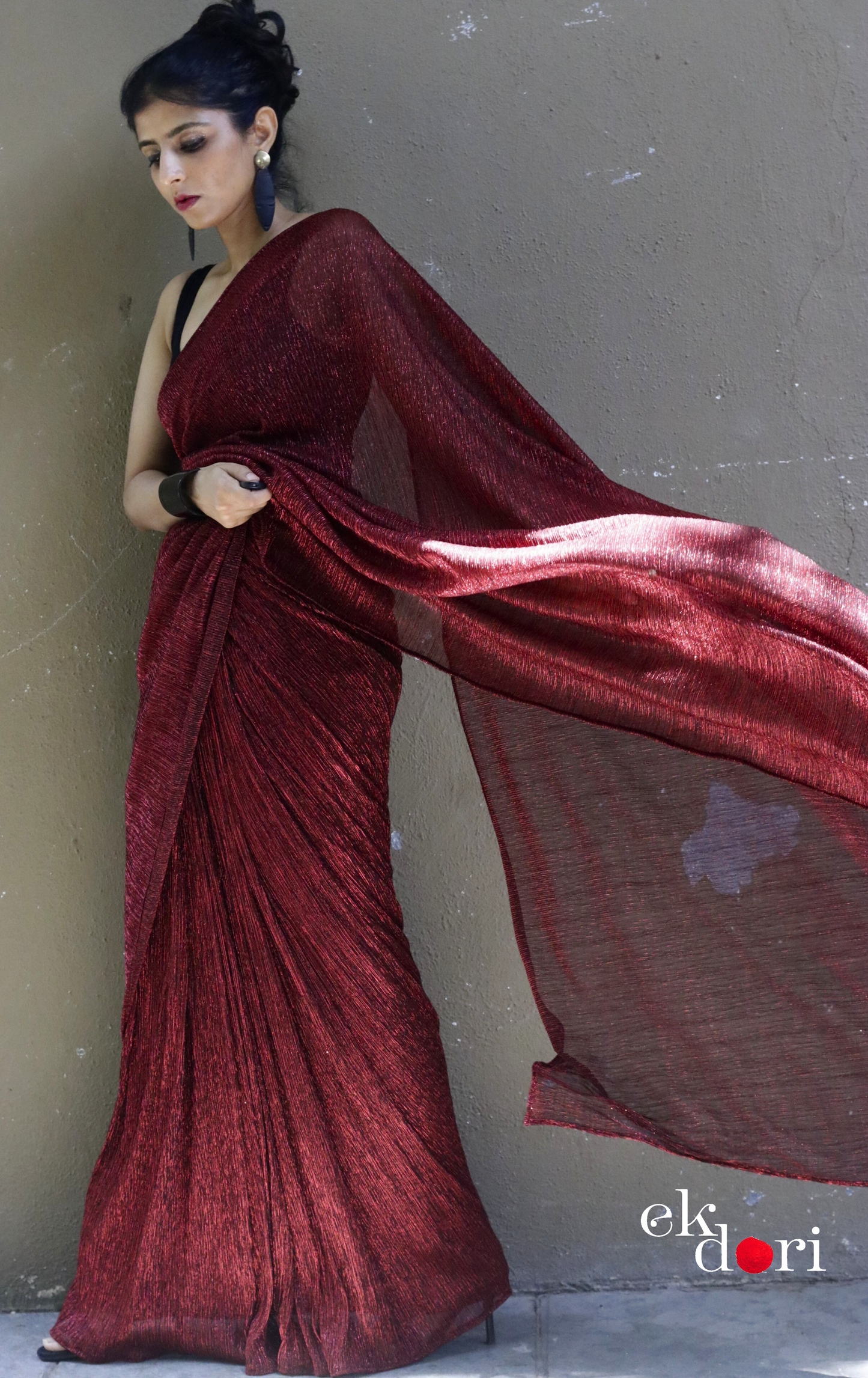 Red Maroon Evening Cocktail Saree 'Glowing Embers' : Micro Pleated Designer Red Saree : Metallic Red Cocktail Saree