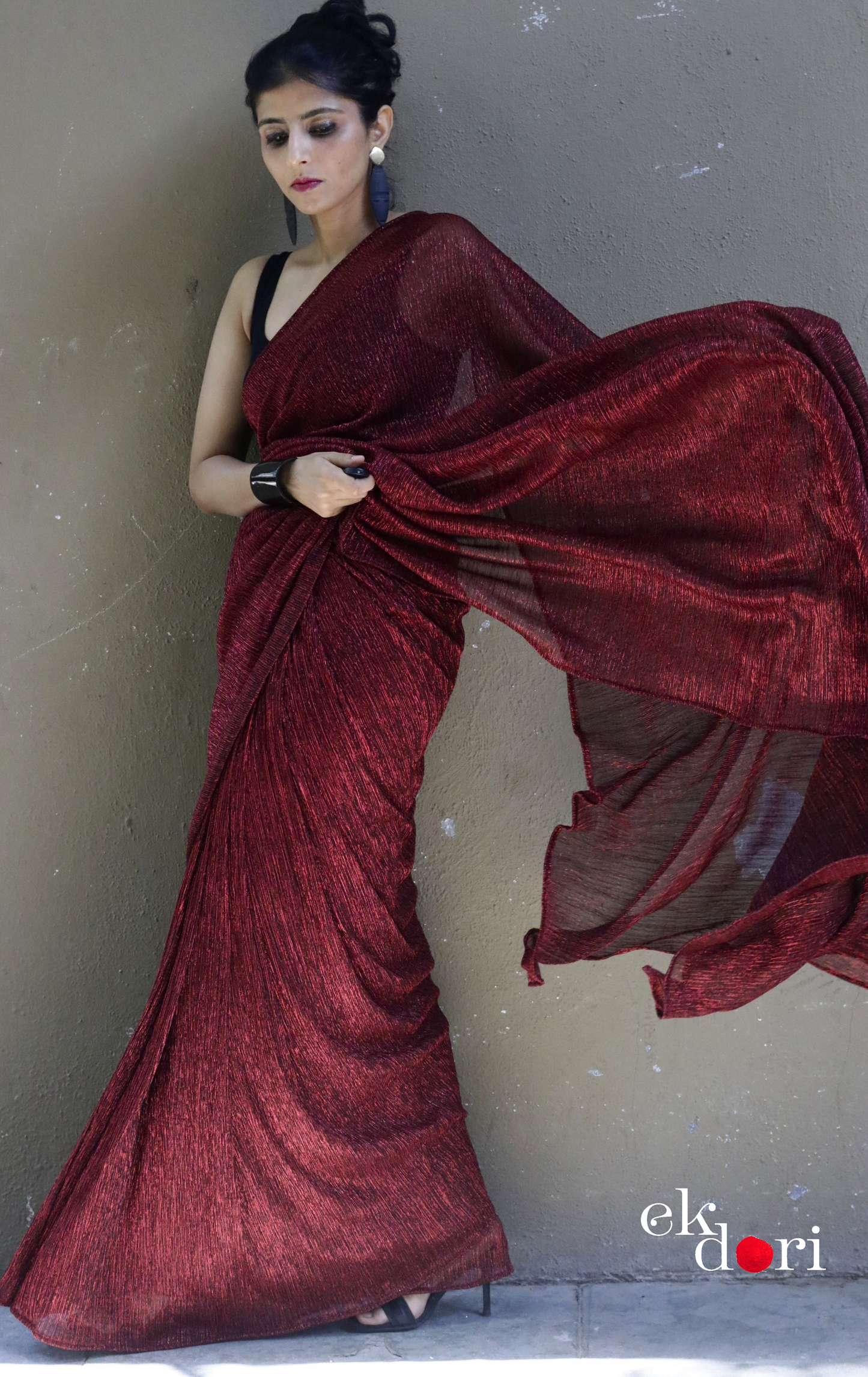 Red Maroon Evening Cocktail Saree 'Glowing Embers' : Micro Pleated Designer Red Saree : Metallic Red Cocktail Saree