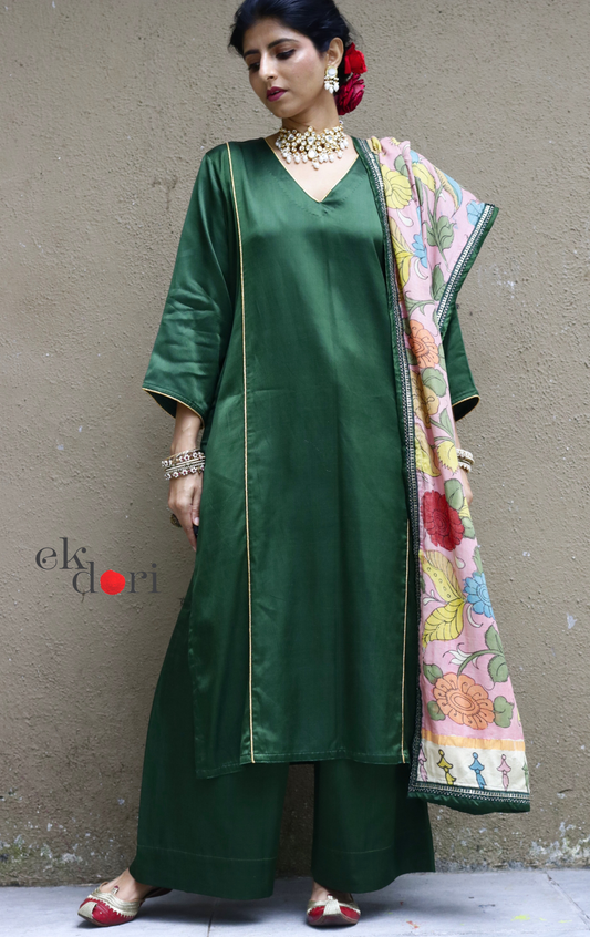 Mashru Kurta Co-ord Set in Green With Kalamkari Dupatta : Buy 'Radha' Kurta Palazzo Dupatta Festive Co-ord Set