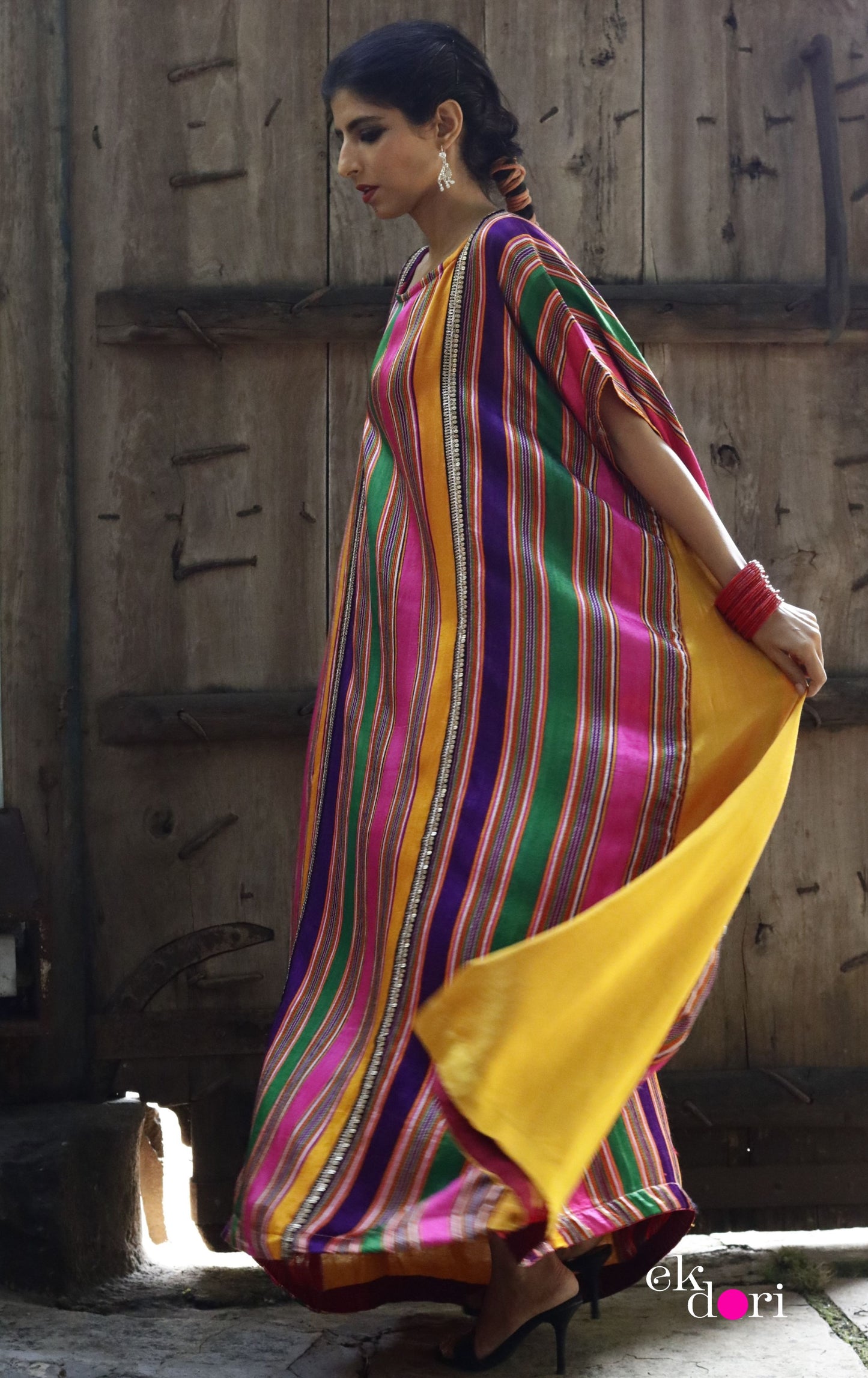 'The Happiest' Silk Kaftan Dress : Handloom Mashru Pure Silk Statement Kaftan Dress