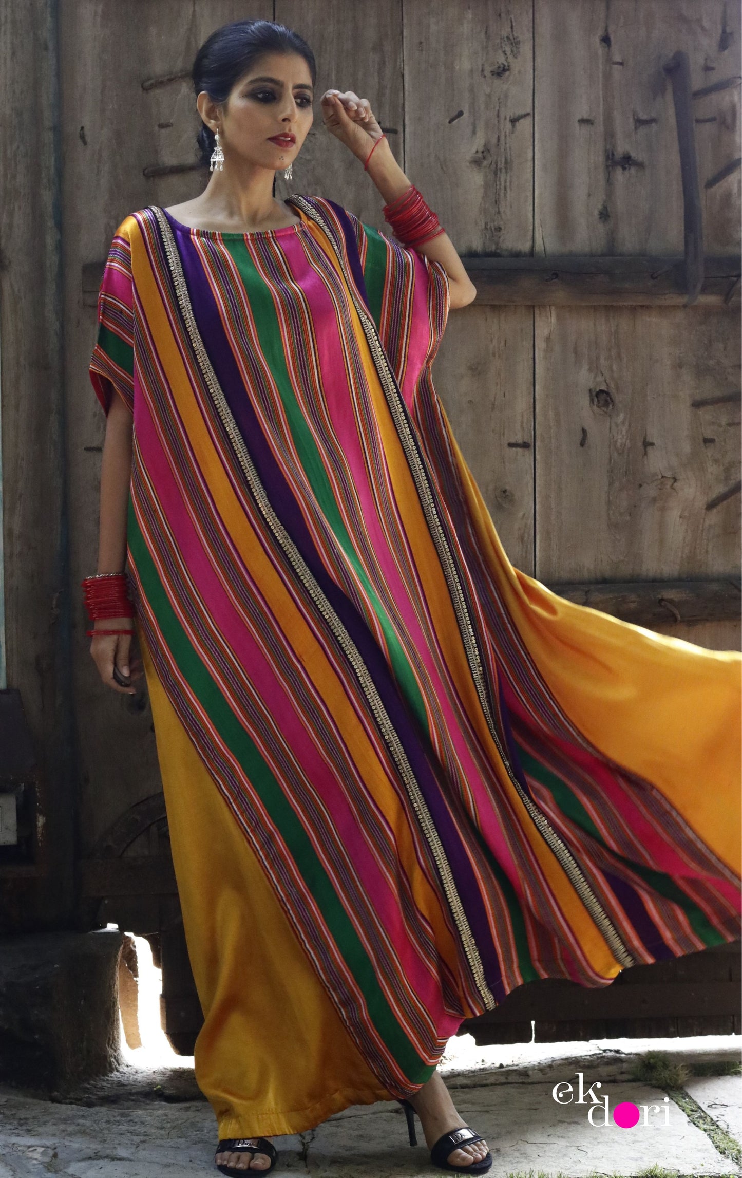'The Happiest' Silk Kaftan Dress : Handloom Mashru Pure Silk Statement Kaftan Dress