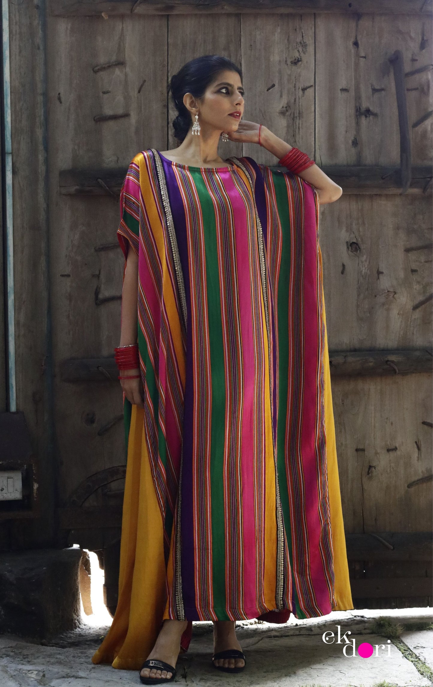 'The Happiest' Silk Kaftan Dress : Handloom Mashru Pure Silk Statement Kaftan Dress