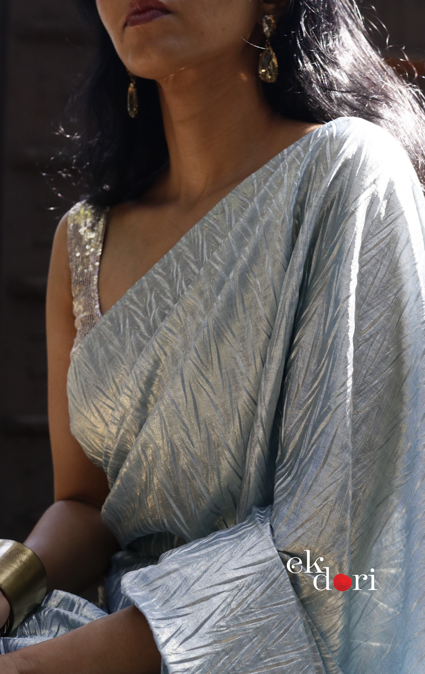 Gold & Blue Saree : Micro Pleated Designer Saree : Metallic Cocktail Saree