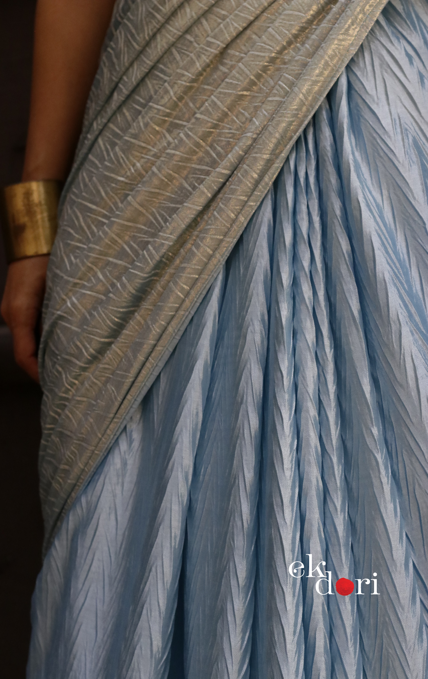 Gold & Blue Saree : Micro Pleated Designer Saree : Metallic Cocktail Saree