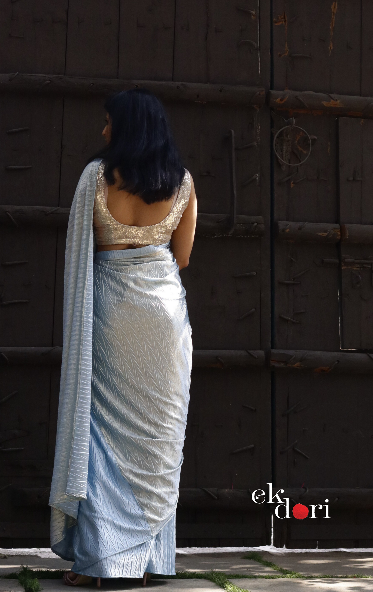 Gold & Blue Saree : Micro Pleated Designer Saree : Metallic Cocktail Saree