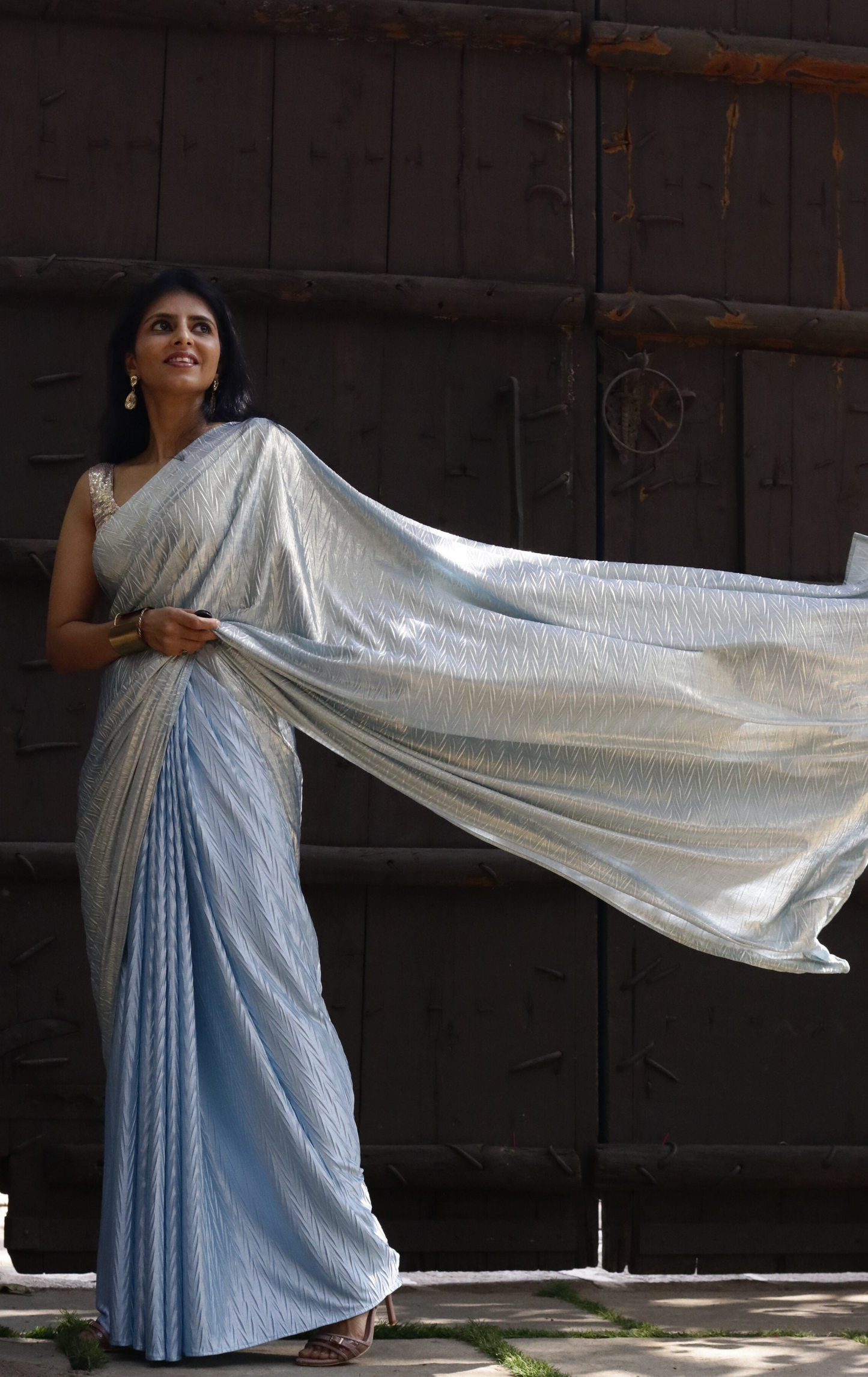 Gold & Blue Saree : Micro Pleated Designer Saree : Metallic Cocktail Saree