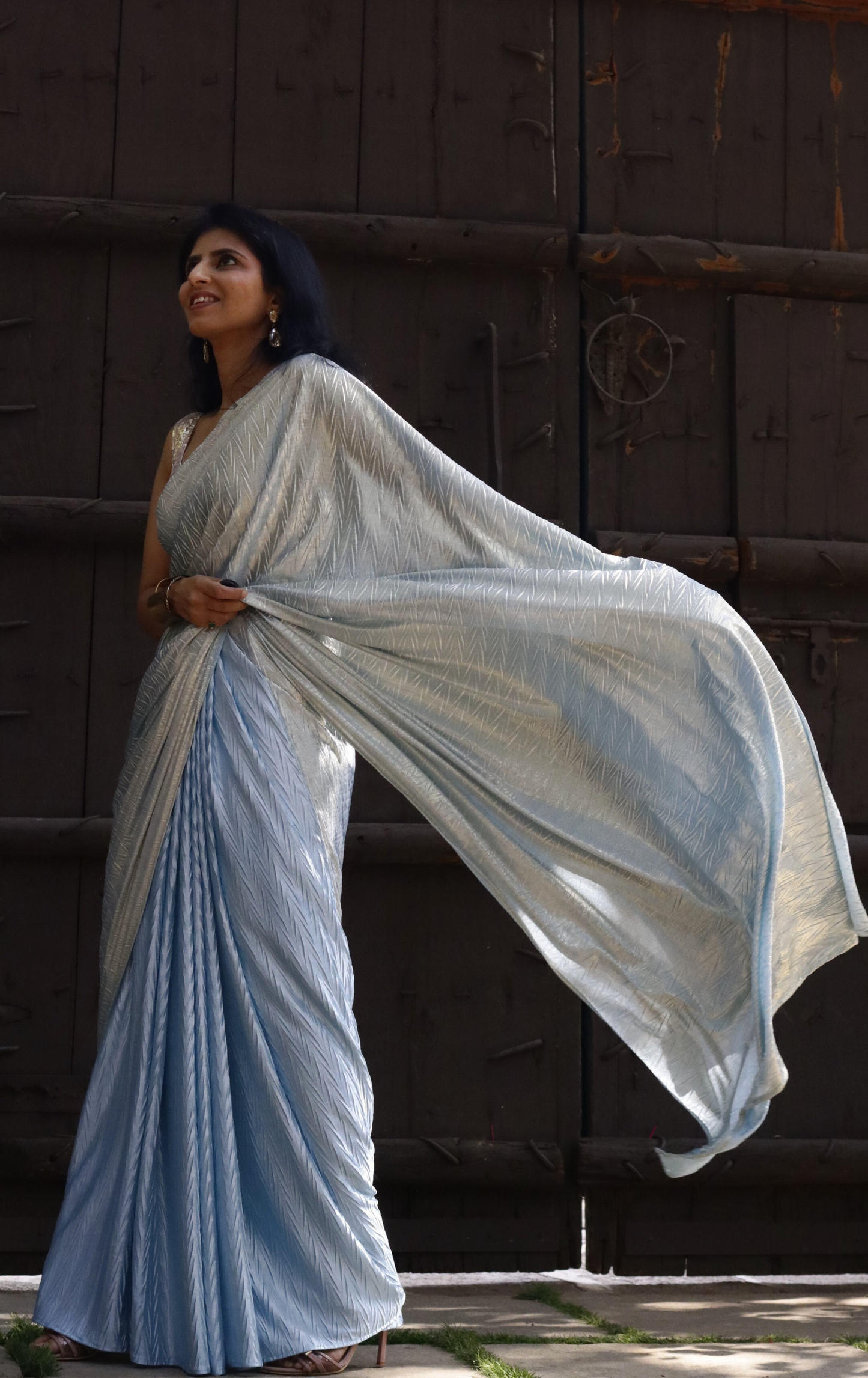 Gold & Blue Saree : Micro Pleated Designer Saree : Metallic Cocktail Saree