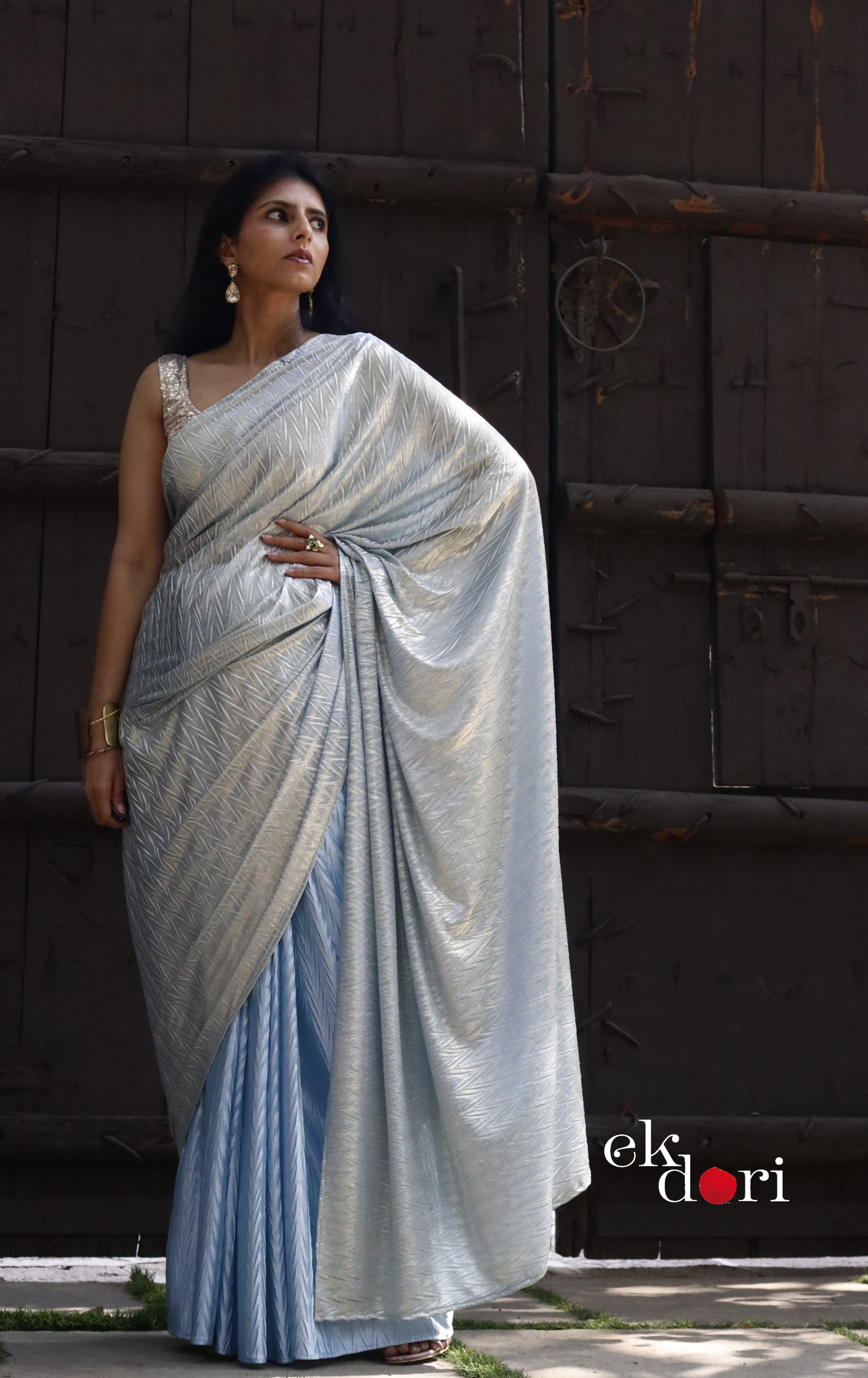 Gold & Blue Saree : Micro Pleated Designer Saree : Metallic Cocktail Saree