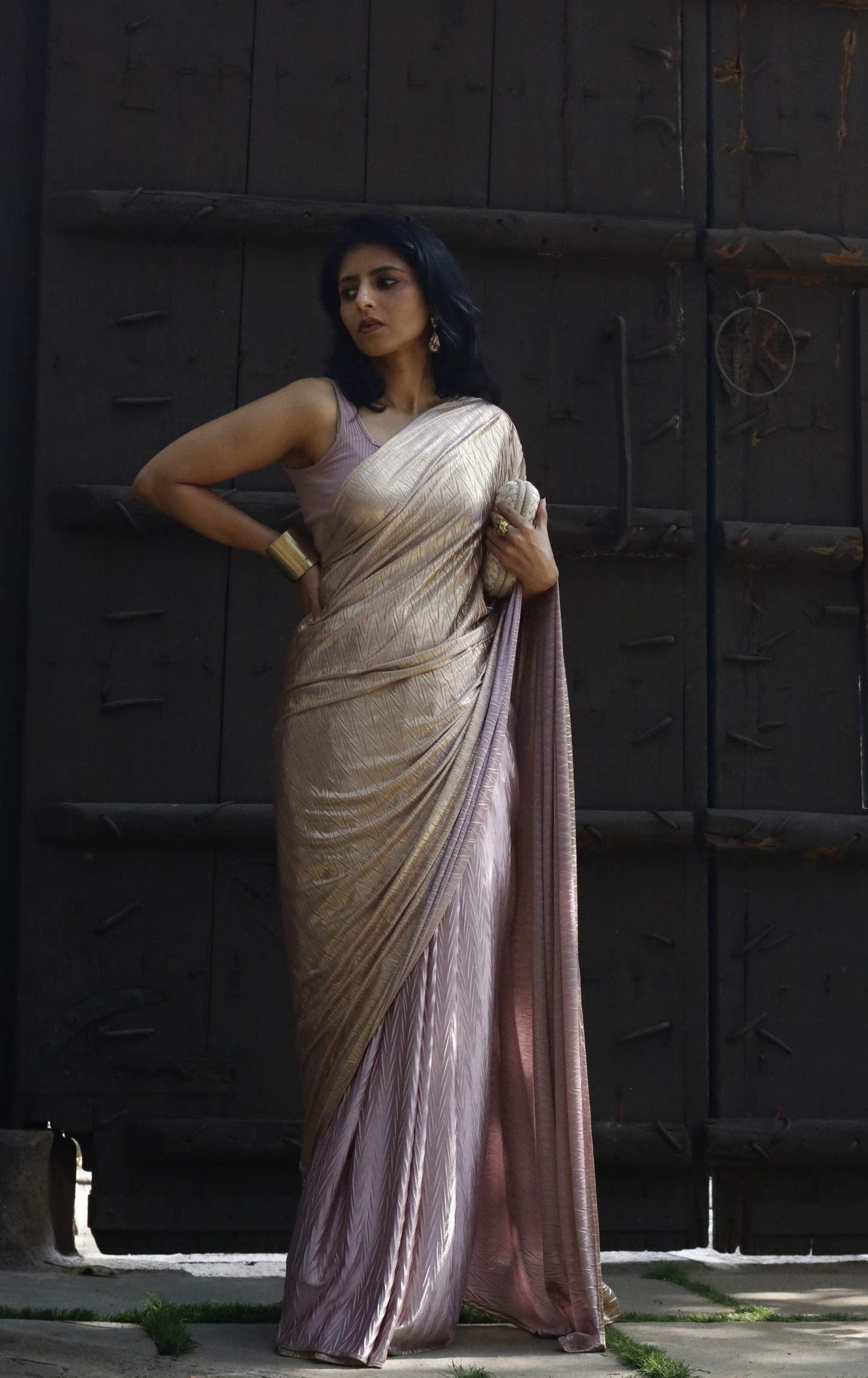 Gold & Mauve Saree : Micro Pleated Designer Saree : Metallic Cocktail Saree