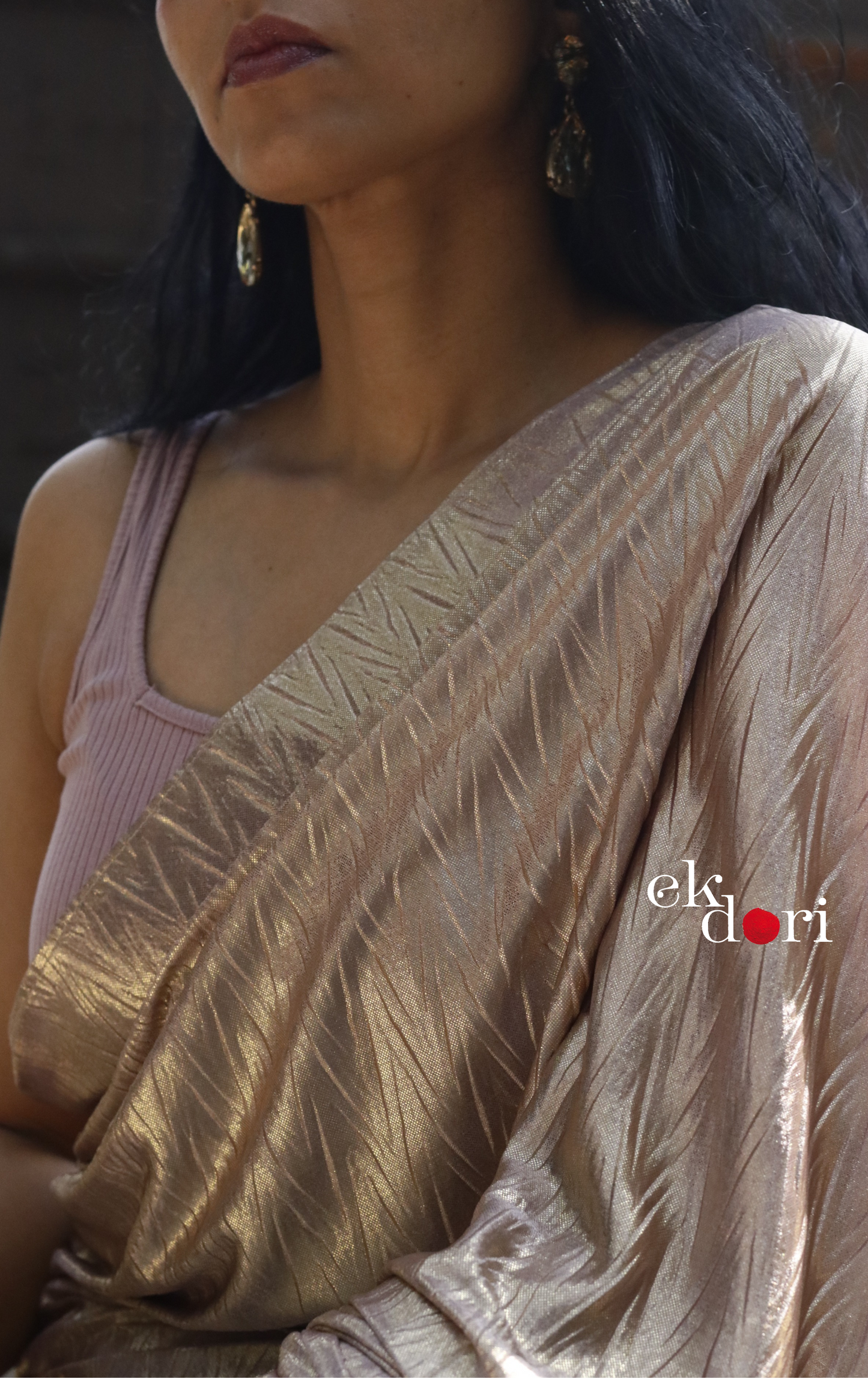 Gold & Mauve Saree : Micro Pleated Designer Saree : Metallic Cocktail Saree