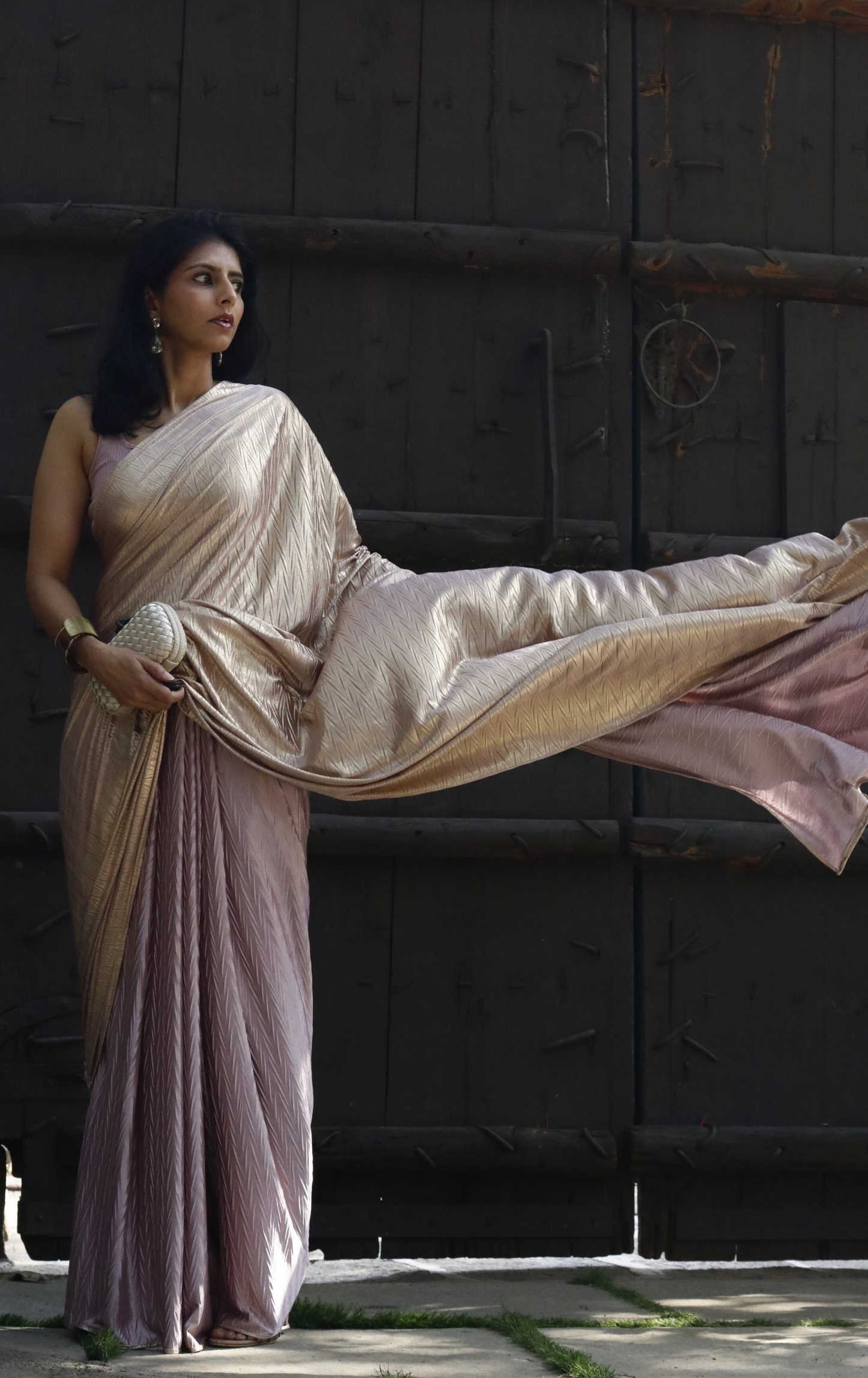 Gold & Mauve Saree : Micro Pleated Designer Saree : Metallic Cocktail Saree