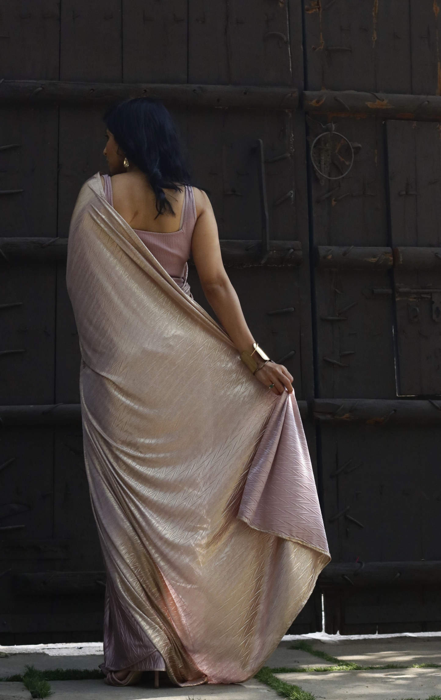 Gold & Mauve Saree : Micro Pleated Designer Saree : Metallic Cocktail Saree