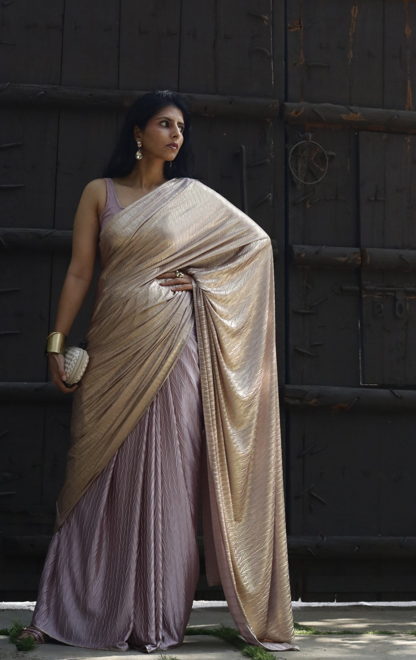 Gold & Mauve Saree : Micro Pleated Designer Saree : Metallic Cocktail Saree