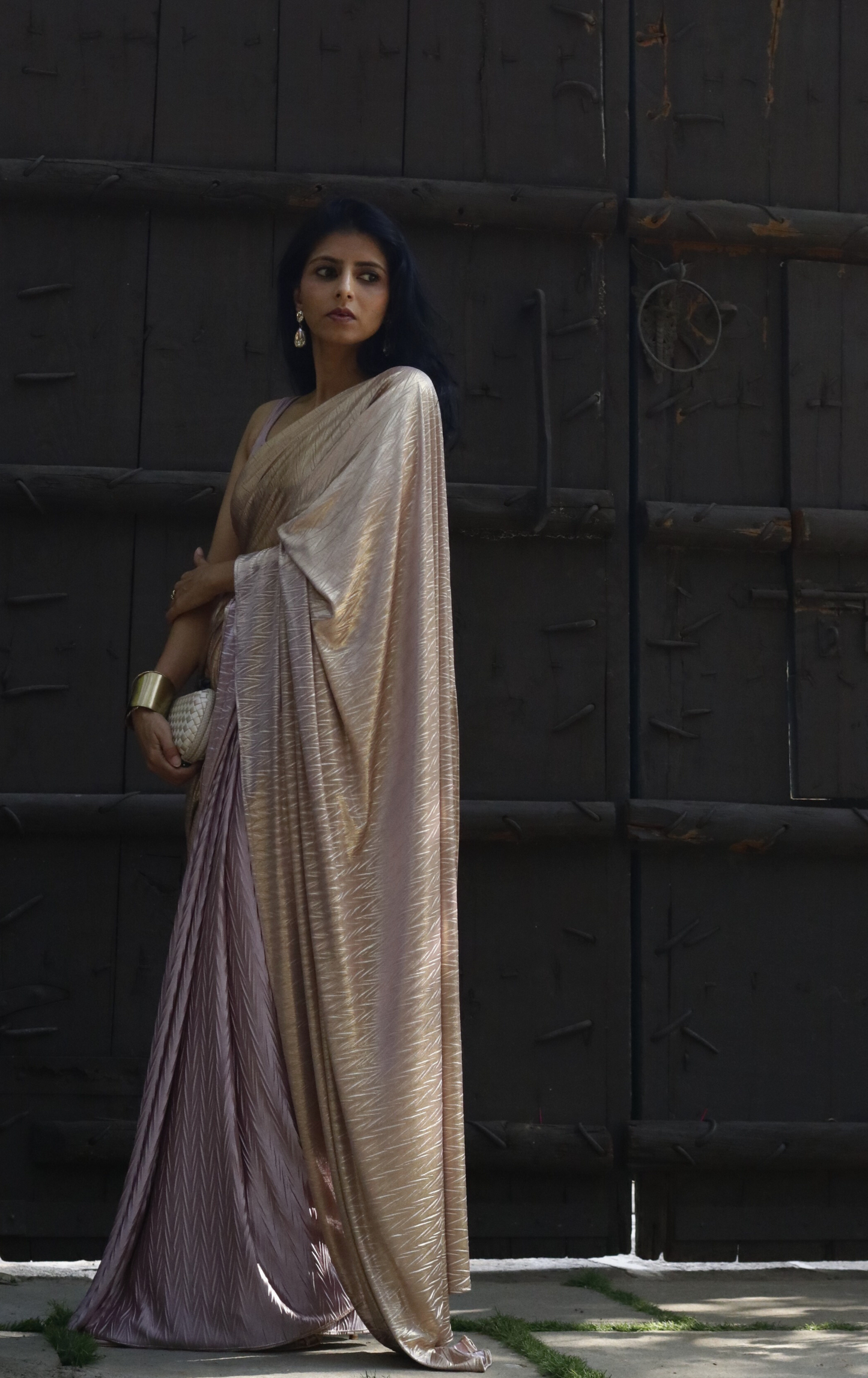Gold & Mauve Saree : Micro Pleated Designer Saree : Metallic Cocktail Saree