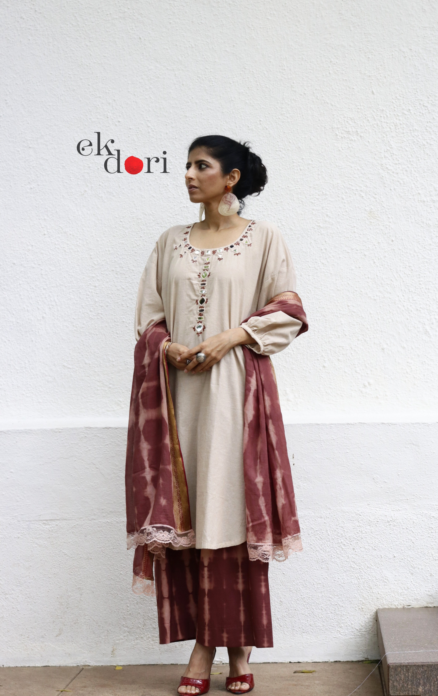 Cotton Hand Embroidered Kurta Co-Ord Set 'Sheesha' : Buy Palazzo Pant Kurta Tie Dye Cotton Co-ord Set 