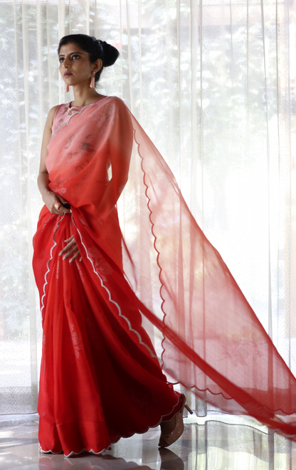 Buy Ombre Chiffon Saree Online : 'Goddess' Floral Semi Chiffon Saree With Scalloped Edges