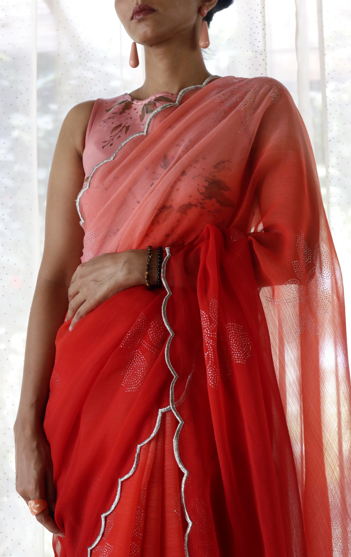 Buy Ombre Chiffon Saree Online : 'Goddess' Floral Semi Chiffon Saree With Scalloped Edges