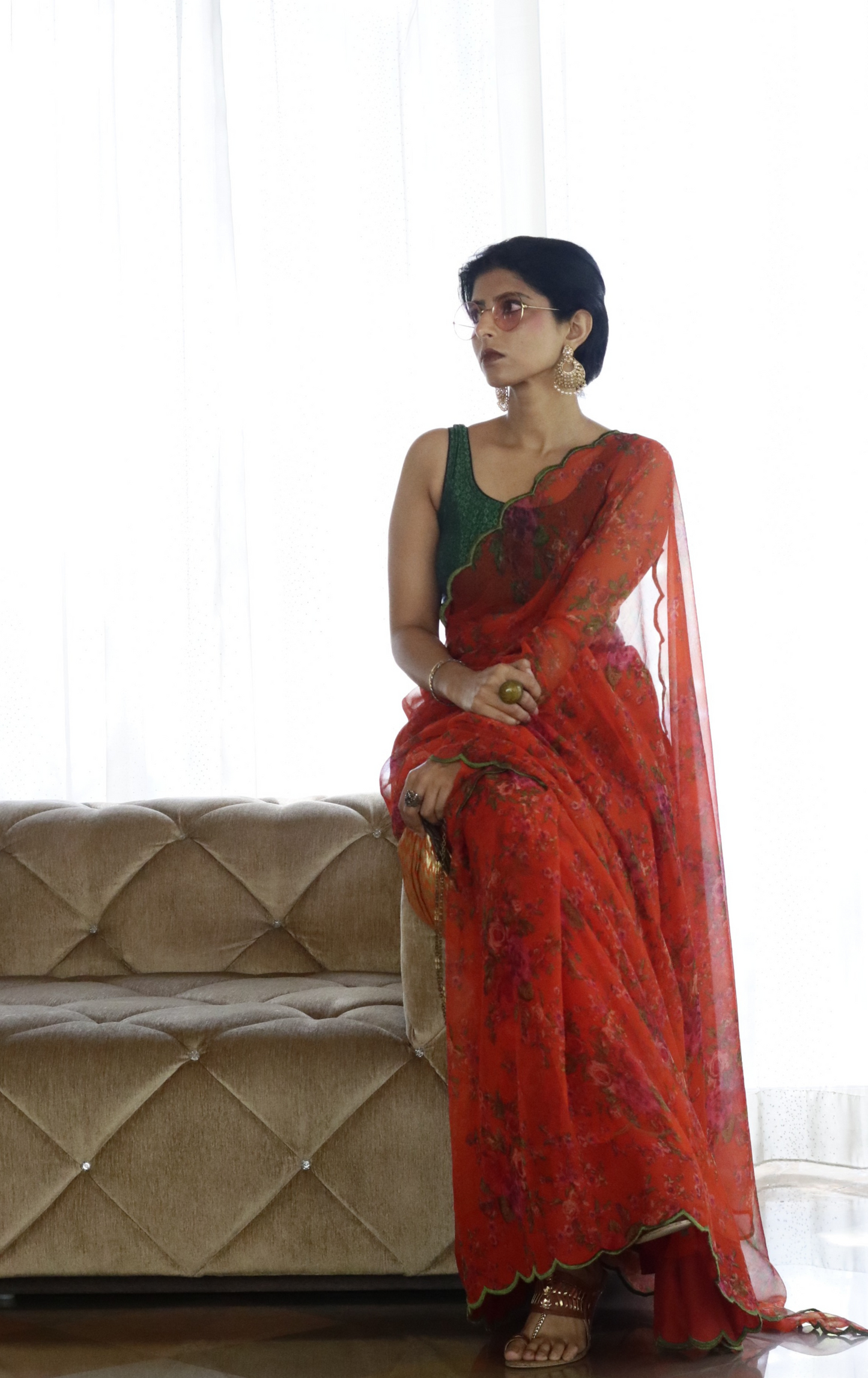 Buy Floral Chiffon Saree Online : 'Narangi' Floral Semi Chiffon Saree With Scalloped Edges