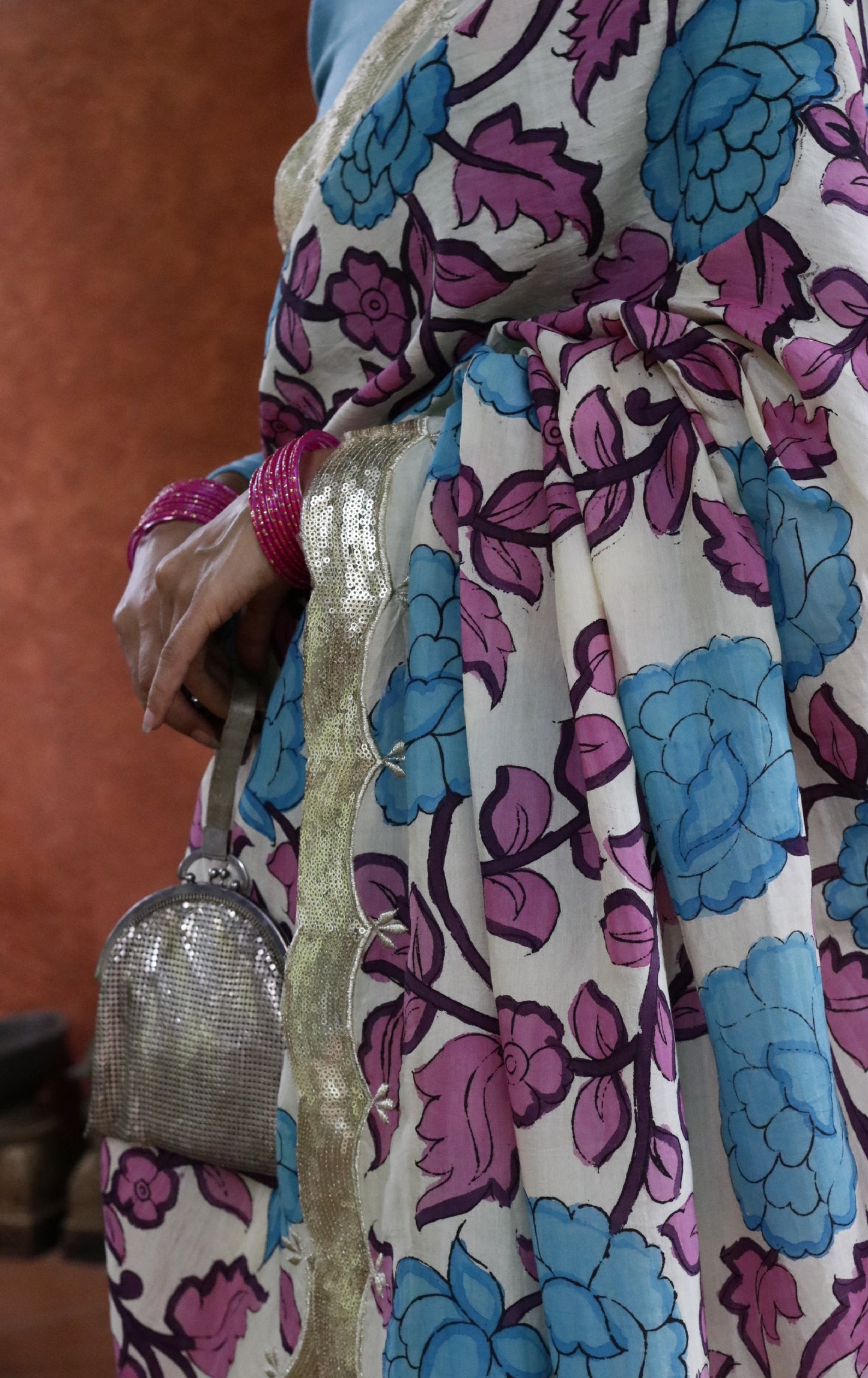 Neel Gulaab Pen Kalamkari Silk Saree : Festive Pure Silk Pen Kalamkari Saree