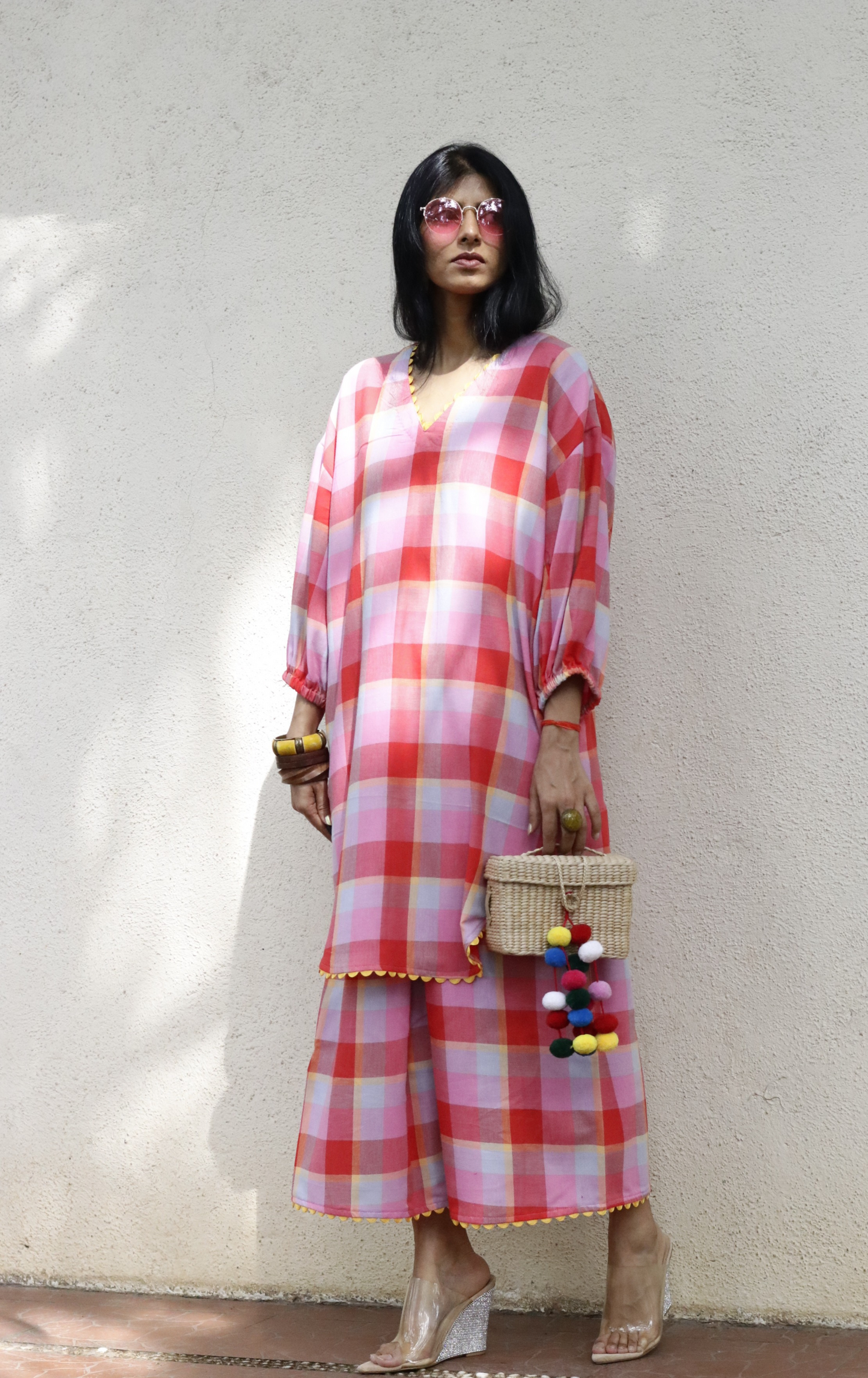 'Pink Play' Fun Checks Cotton Co-ord Set : Buy Palazzo Pant Kurta Cotton Co-ord Set