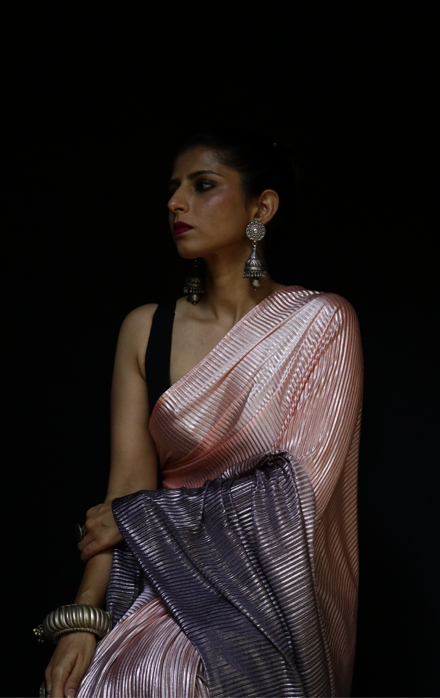 Pink Sky Lining Micro Pleated Designer Saree : Metallic Cocktail Saree