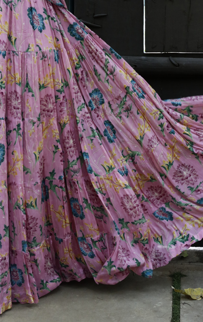 'Pink Paisley' Printed Fun Light Lehenga Saree : Fun Tiered Ready To Wear Lehenga Saree