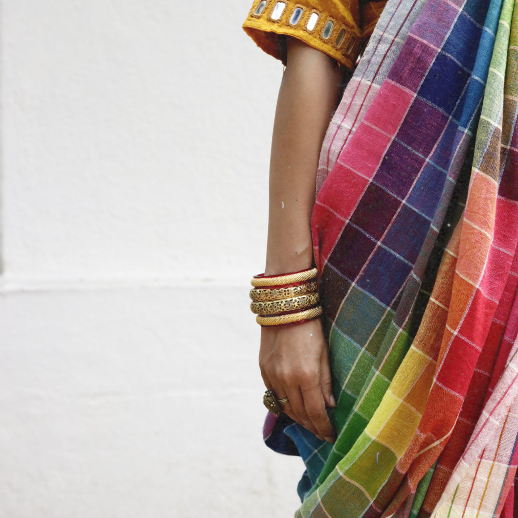 The Pink ' Check Mate' Rainbow Bhujodi Saree : Pure Kala Cotton Bhujodi Handloom Saree