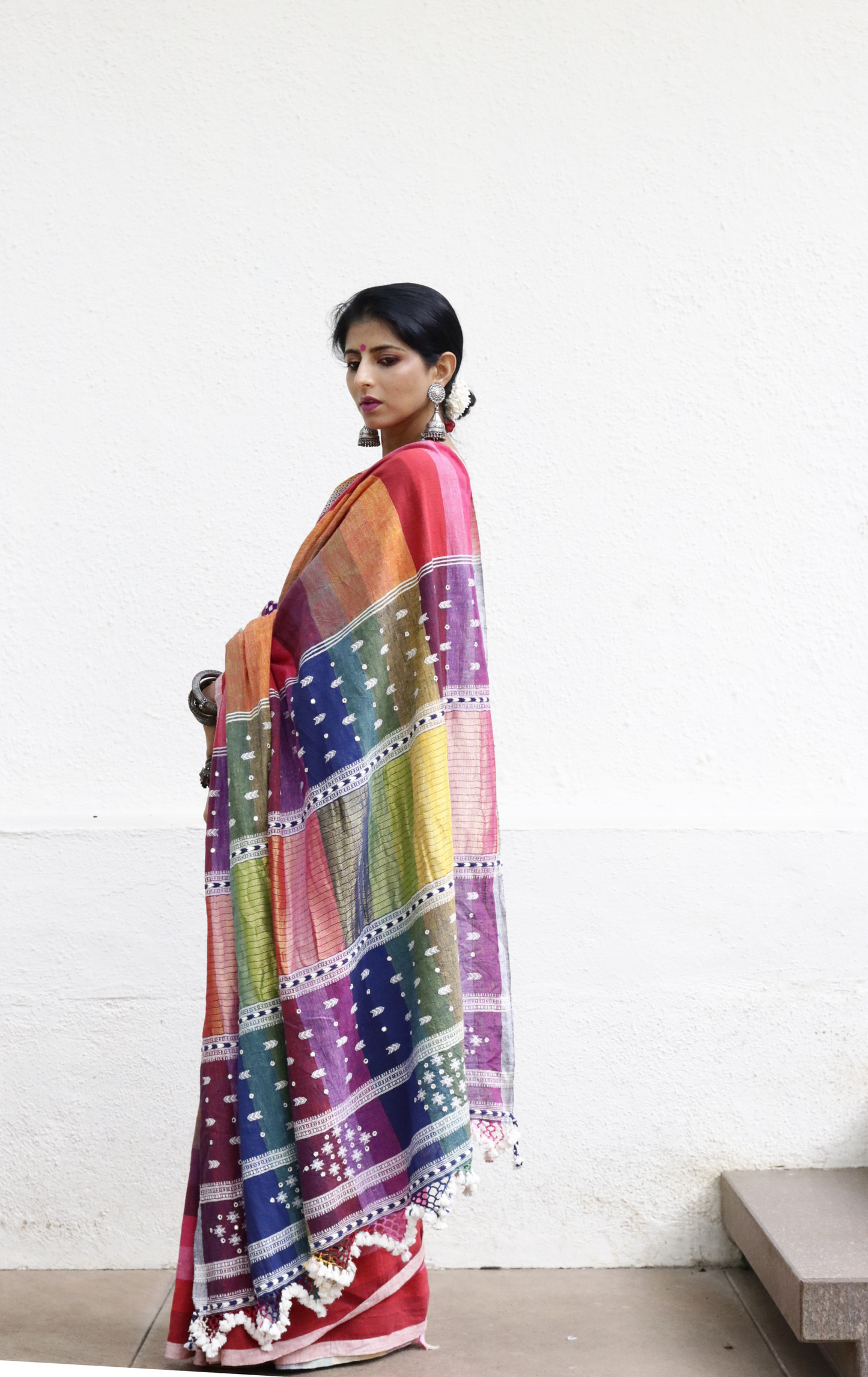 The Pink Stripes Rainbow Bhujodi Saree : Pure Kala Cotton Bhujodi Handloom Saree