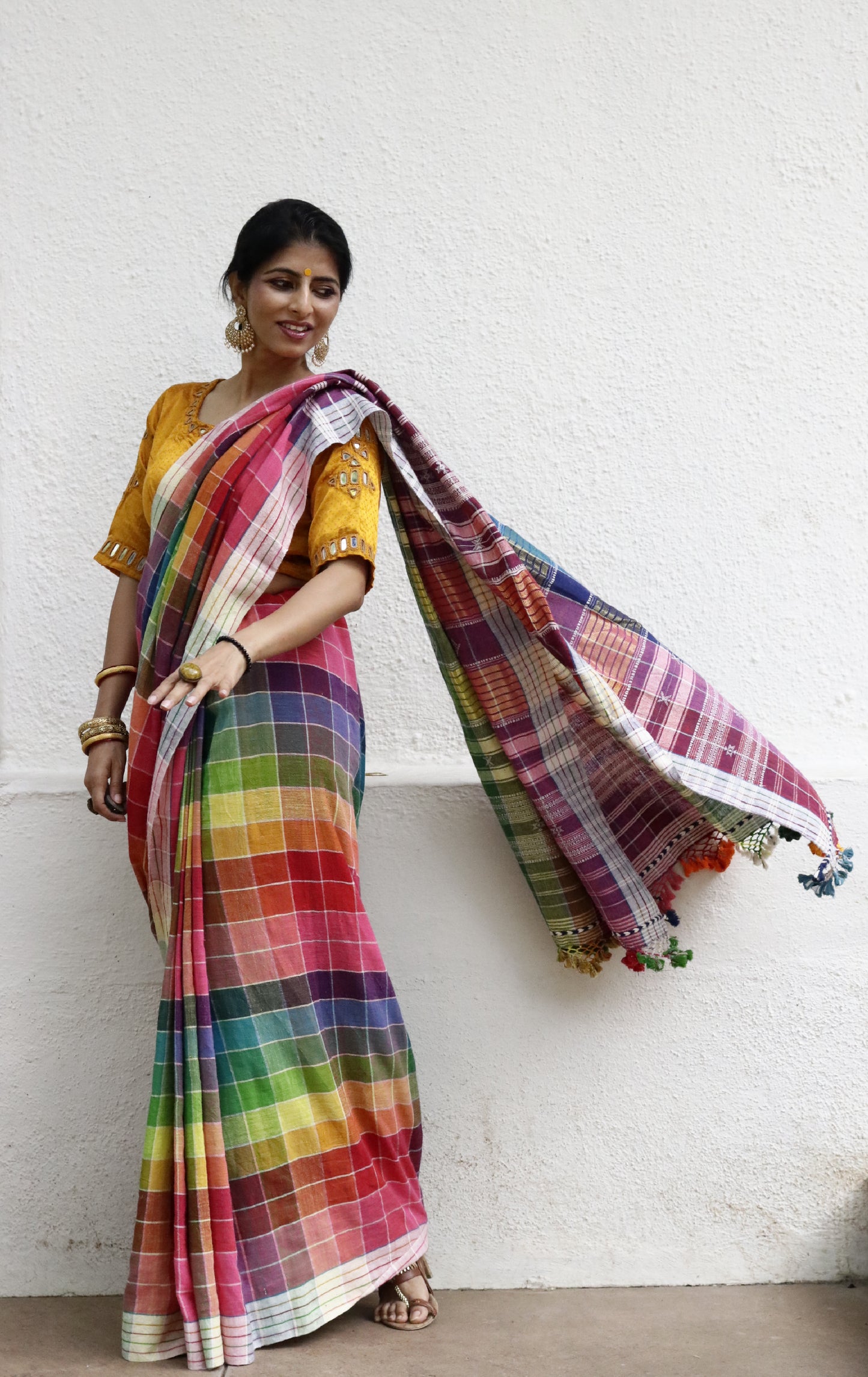 The Pink ' Check Mate' Rainbow Bhujodi Saree : Pure Kala Cotton Bhujodi Handloom Saree