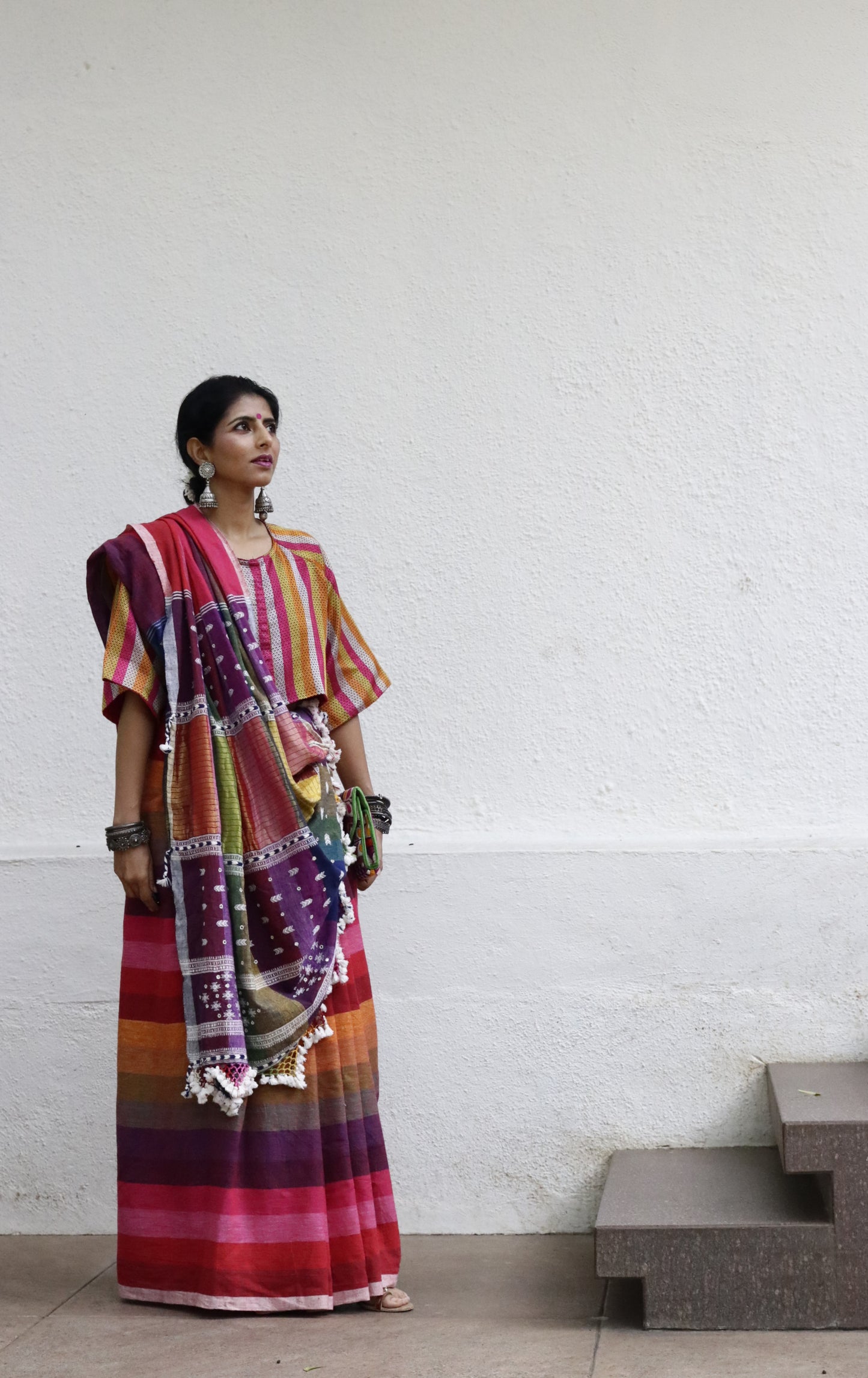 The Pink Stripes Rainbow Bhujodi Saree : Pure Kala Cotton Bhujodi Handloom Saree