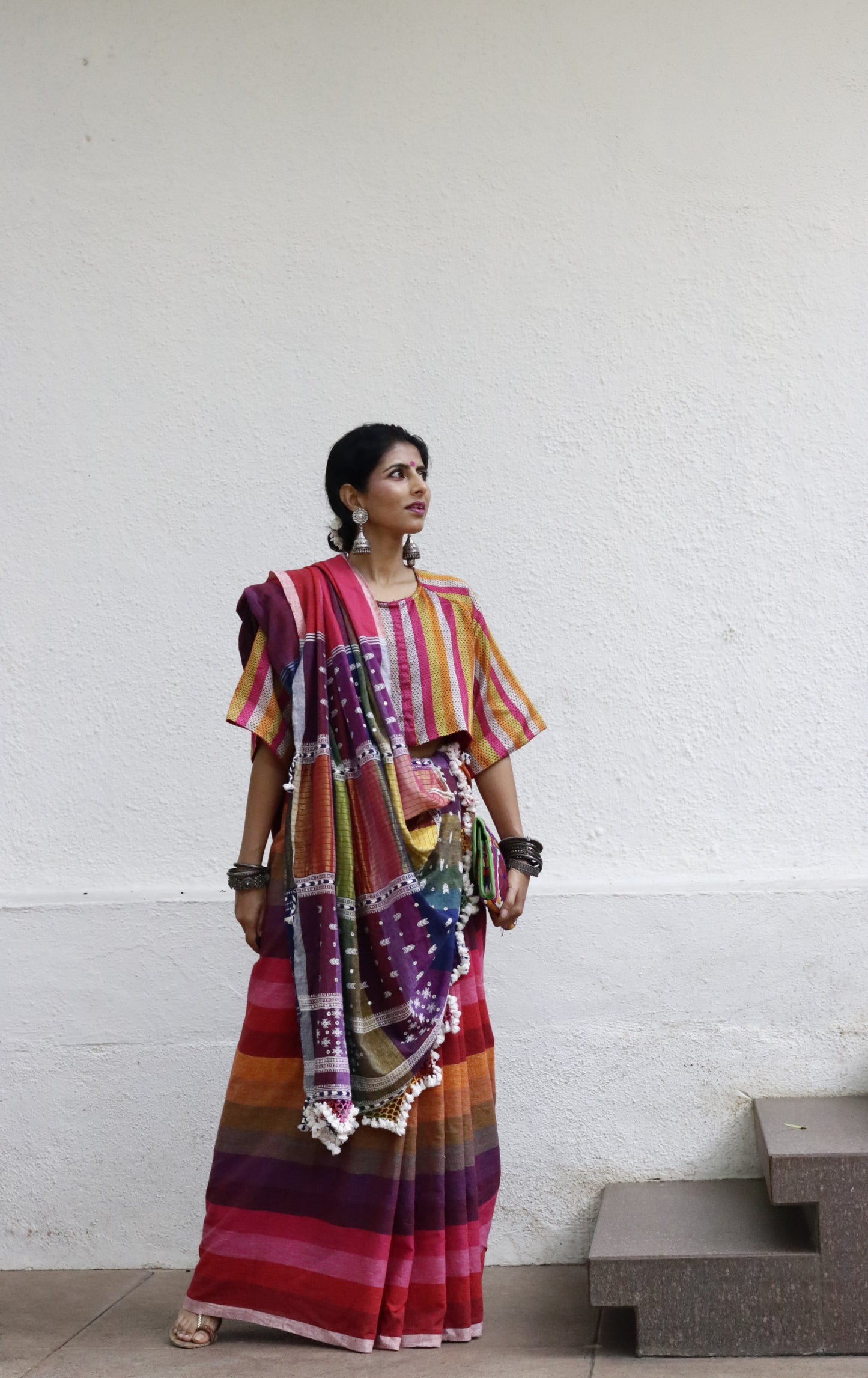 The Pink Stripes Rainbow Bhujodi Saree : Pure Kala Cotton Bhujodi Handloom Saree