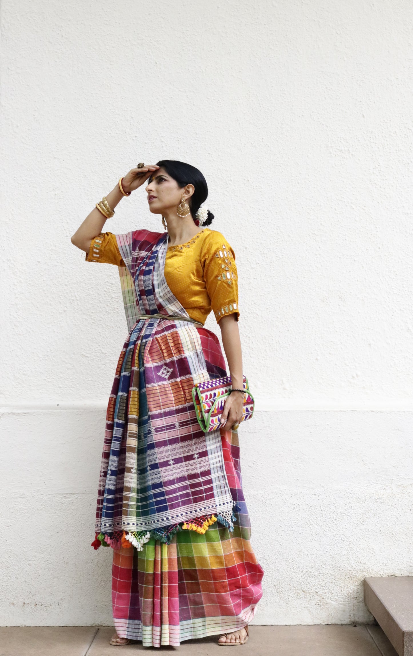 The Pink ' Check Mate' Rainbow Bhujodi Saree : Pure Kala Cotton Bhujodi Handloom Saree