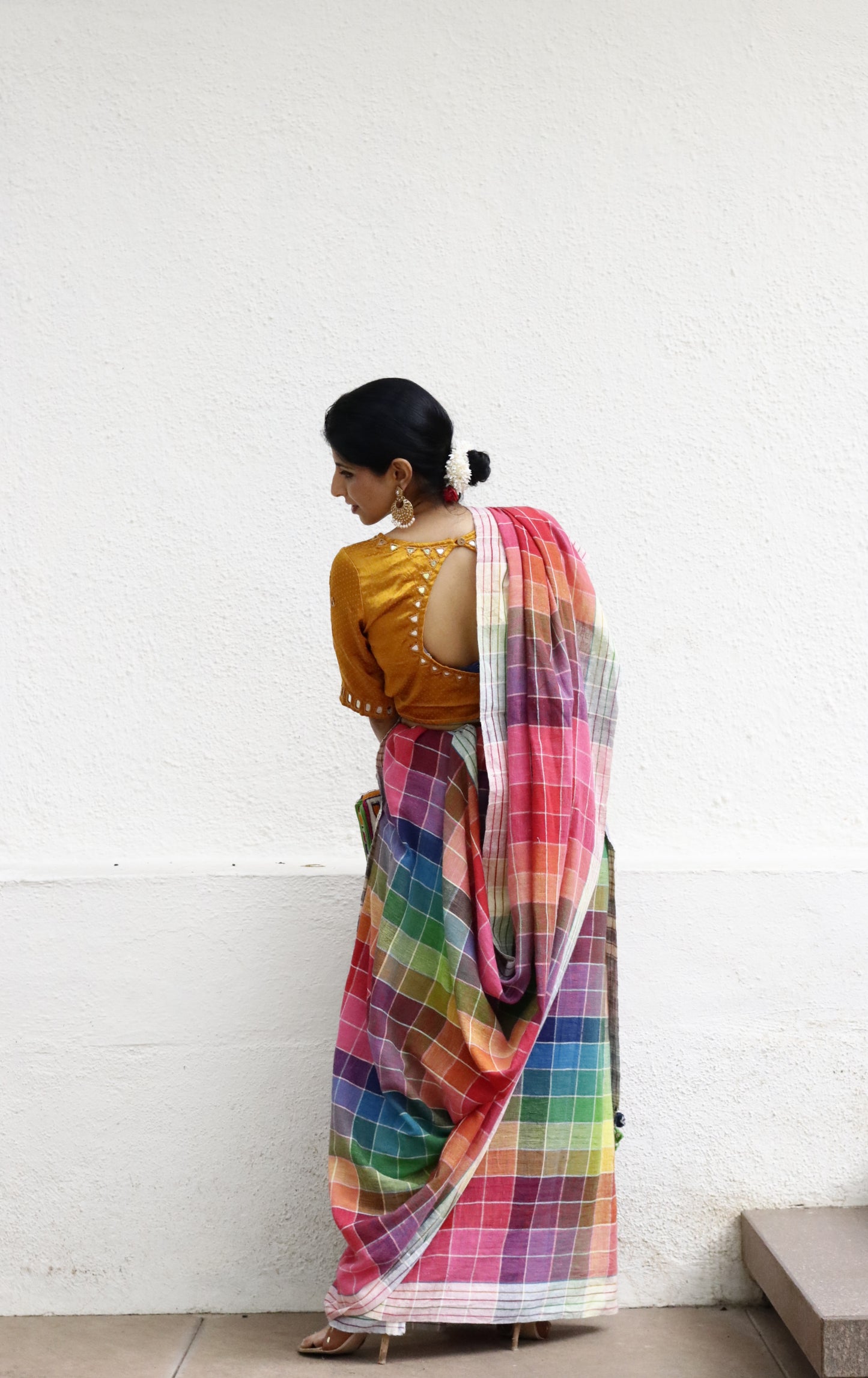 The Pink ' Check Mate' Rainbow Bhujodi Saree : Pure Kala Cotton Bhujodi Handloom Saree