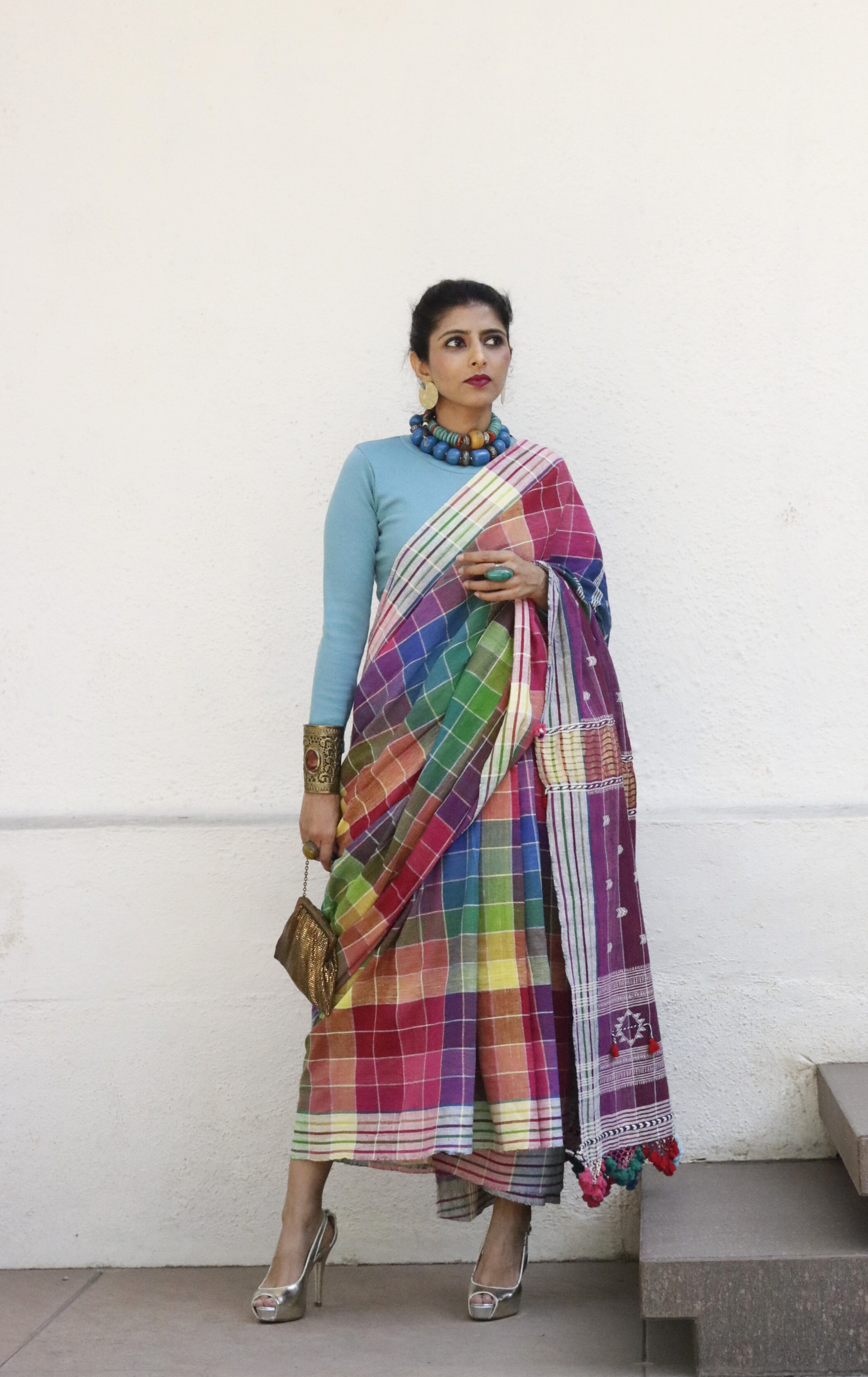 The Pink ' Check Mate' Rainbow Bhujodi Saree : Pure Kala Cotton Bhujodi Handloom Saree