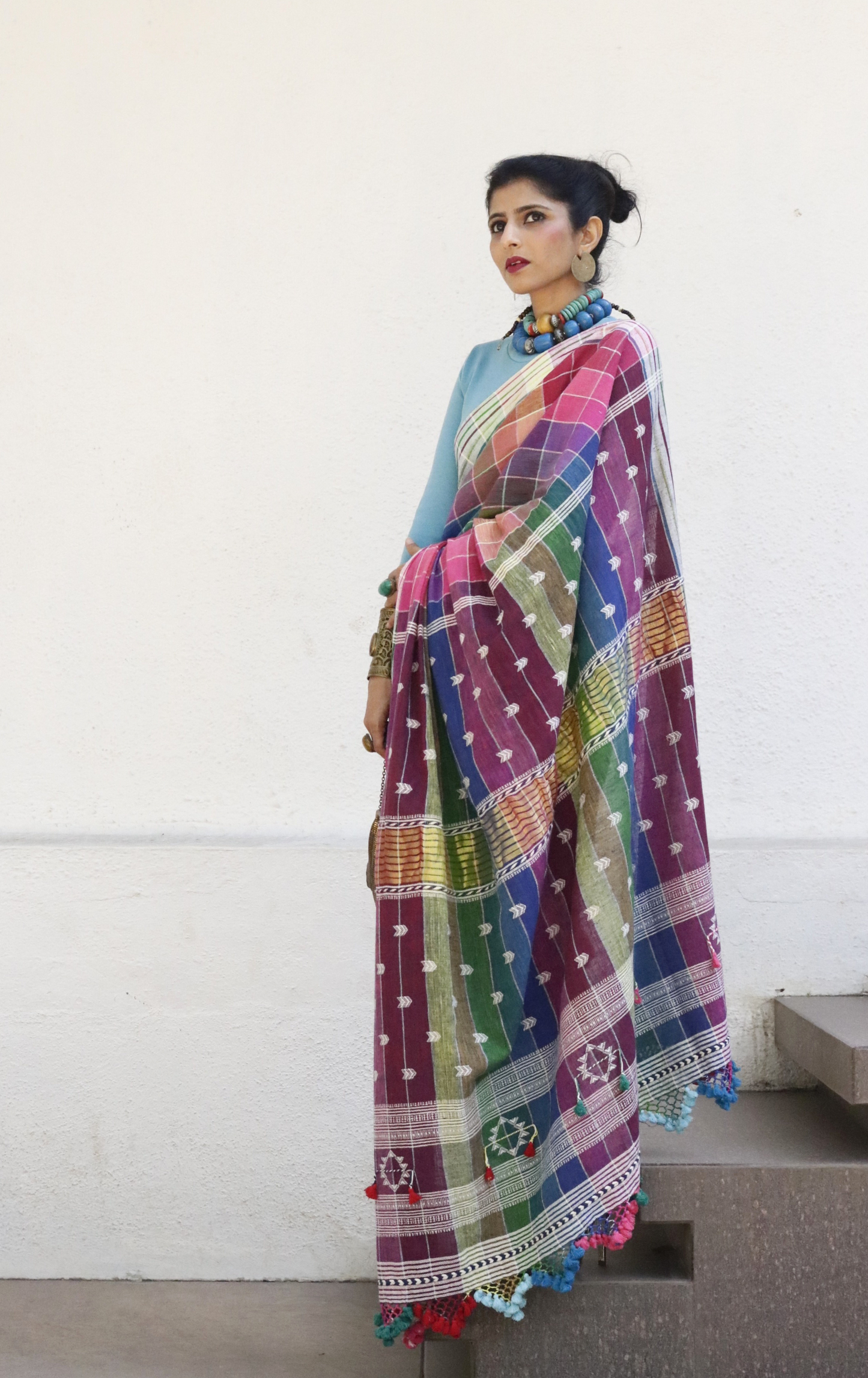 The Pink ' Check Mate' Rainbow Bhujodi Saree : Pure Kala Cotton Bhujodi Handloom Saree