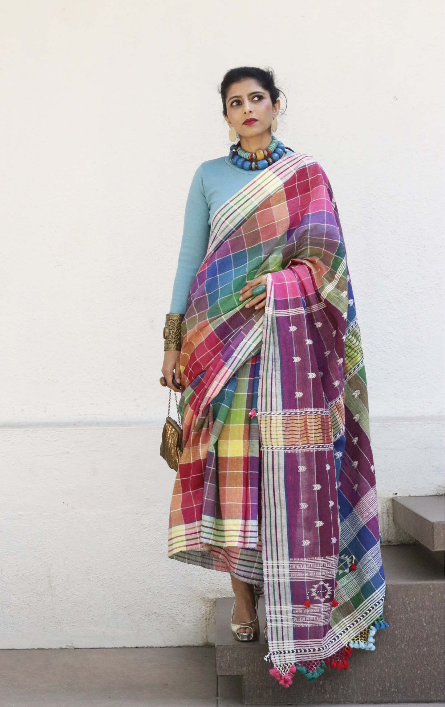 The Pink ' Check Mate' Rainbow Bhujodi Saree : Pure Kala Cotton Bhujodi Handloom Saree