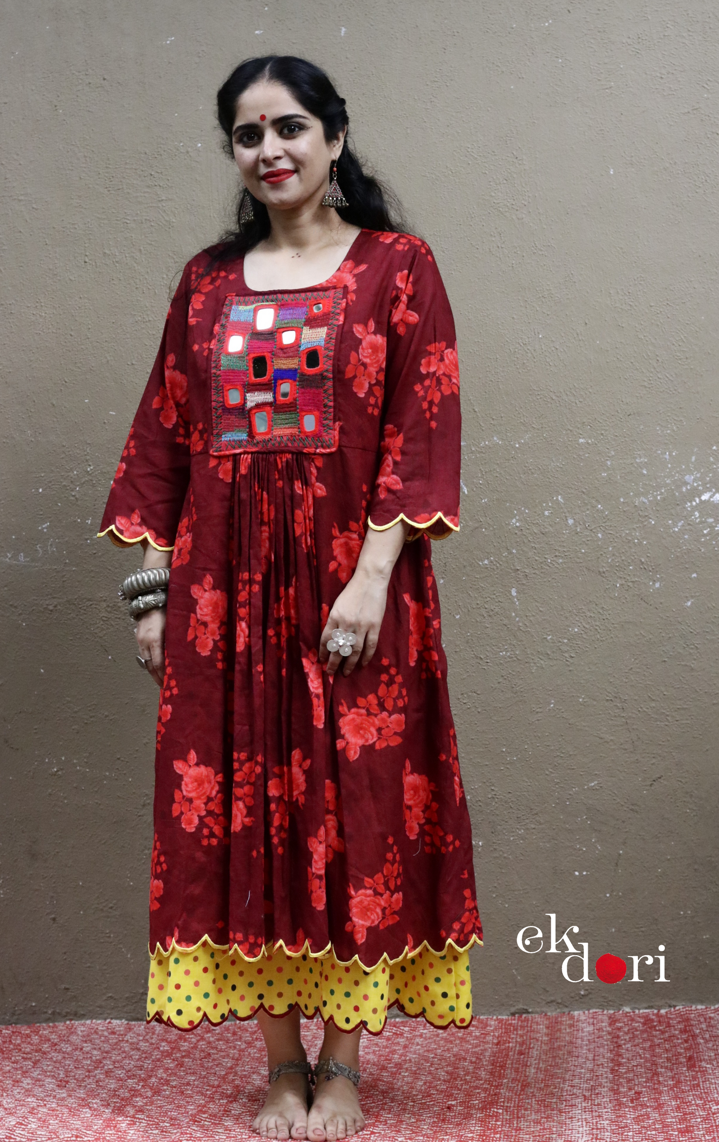 Cotton Dress With Mirror Hand Embroiderey & Scalloped Edges : 'Red Roses' Cotton Summer Dress