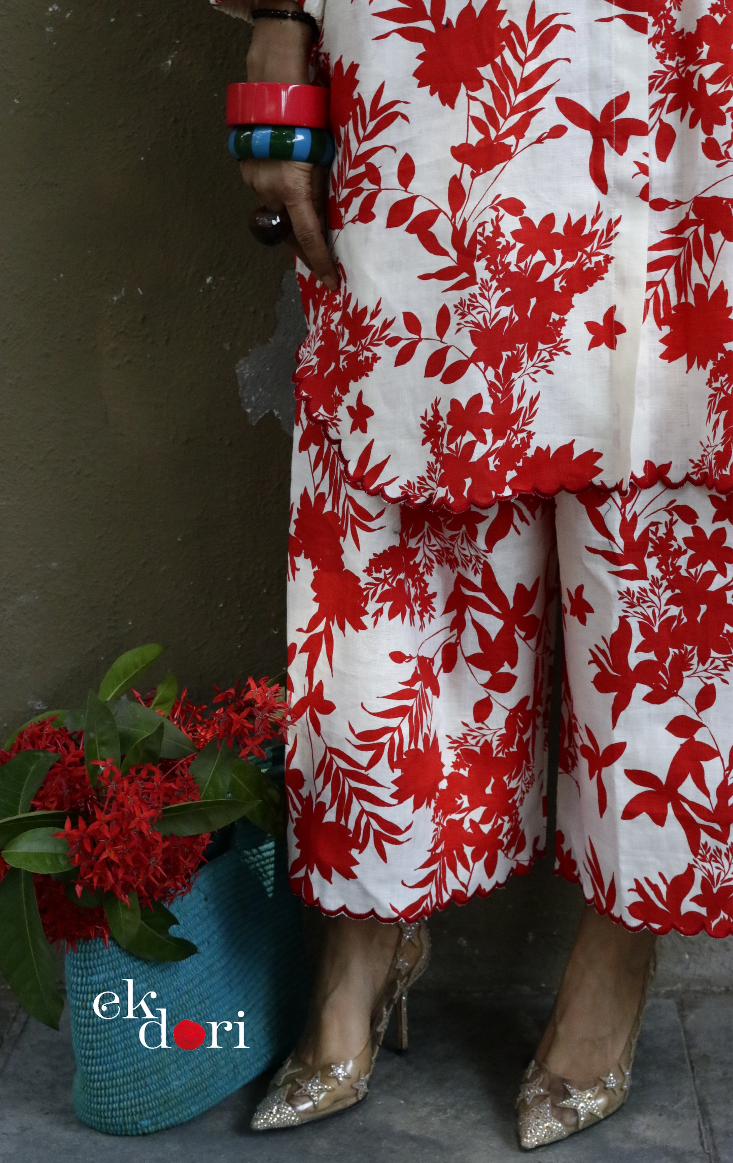 'Gulmohar Tree' Scalloped Kurta Co-ord Set : Buy Cotton Linen Kurta Palazzo Fun Co-ord Set